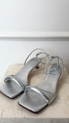 Tibi Silver Padded Leather Strappy Kitten Heel, 38