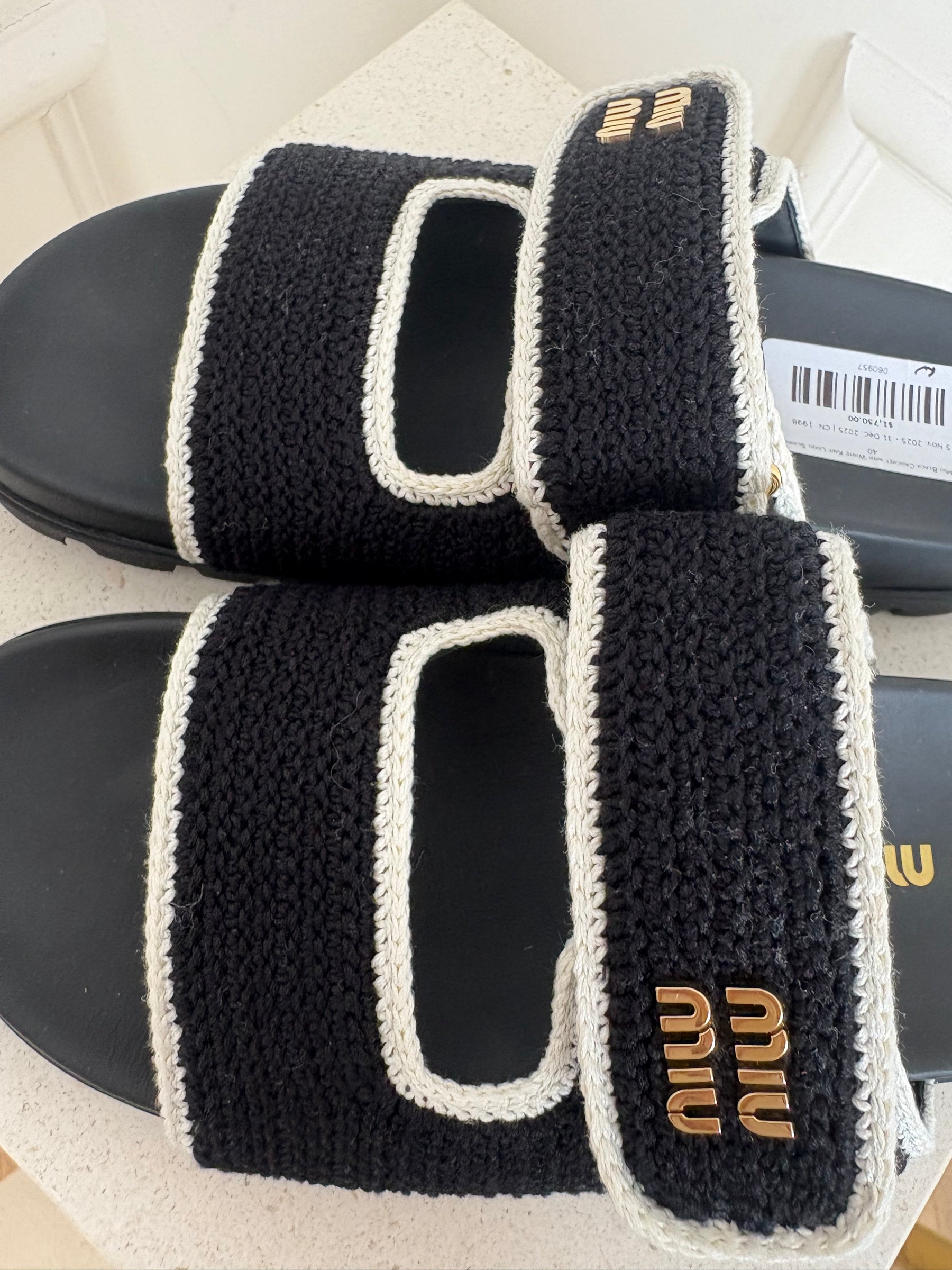 Miu Miu Black Crochet with White Knit Logo Slides, 40