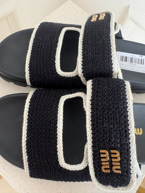 Miu Miu Black Crochet with White Knit Logo Slides, 40