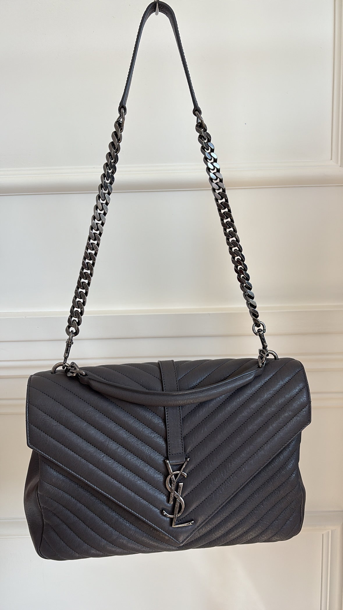 Saint Laurent Charcoal Leather Chevron Quilted Large College Bag