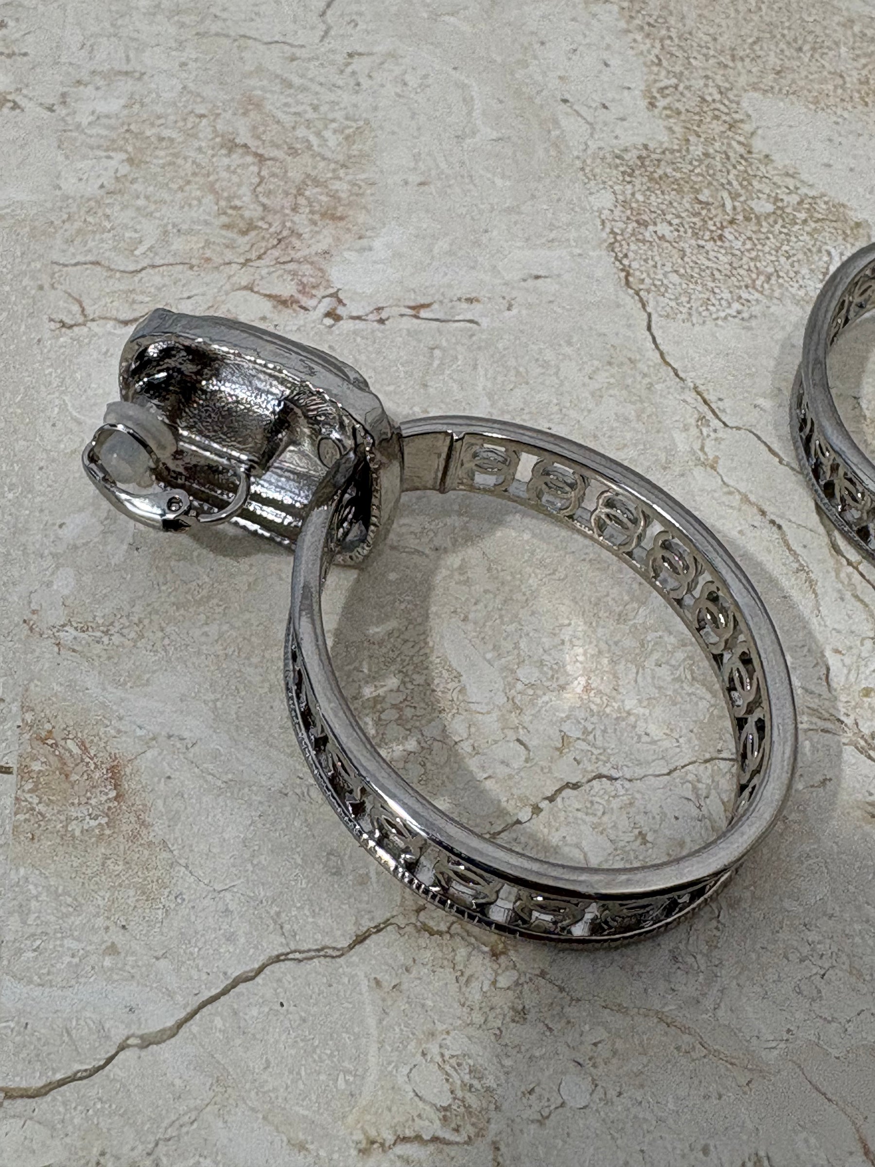 Chanel Silver and Crystal Logo Hoops