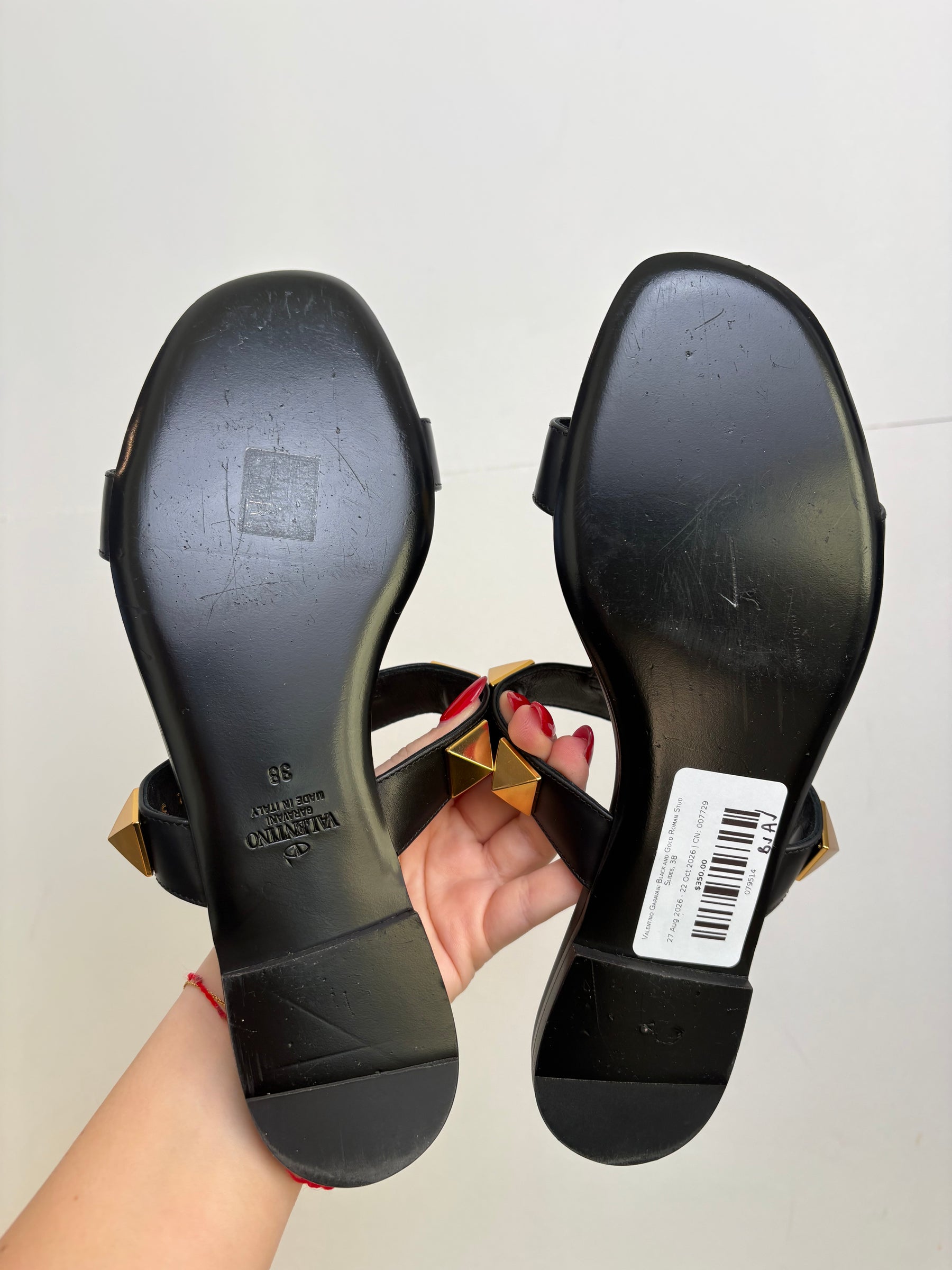 Valentino Garavani Black and Gold Roman Stud Slides, 38