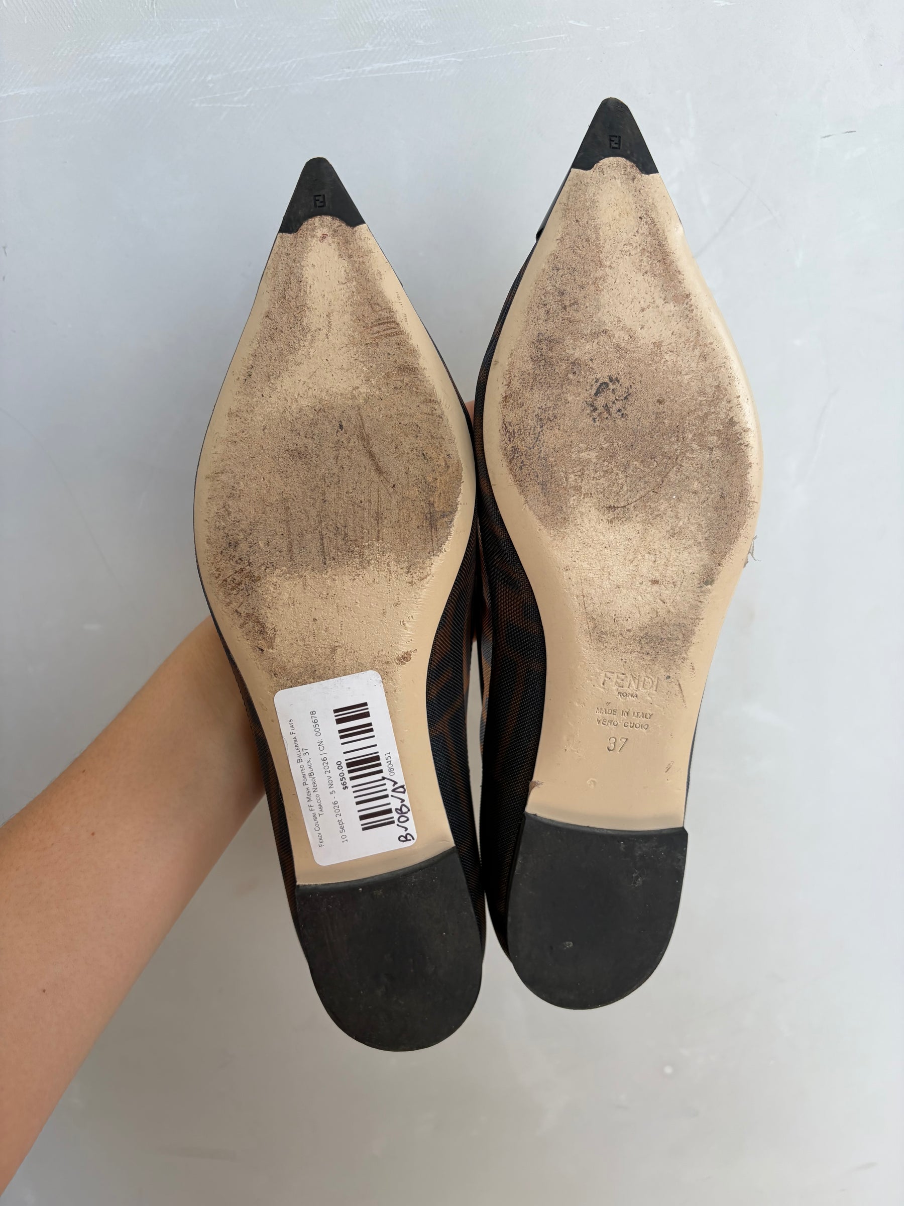 Fendi Colibri FF Mesh Pointed Ballerina Flats Tabacco Nero/Black, 37