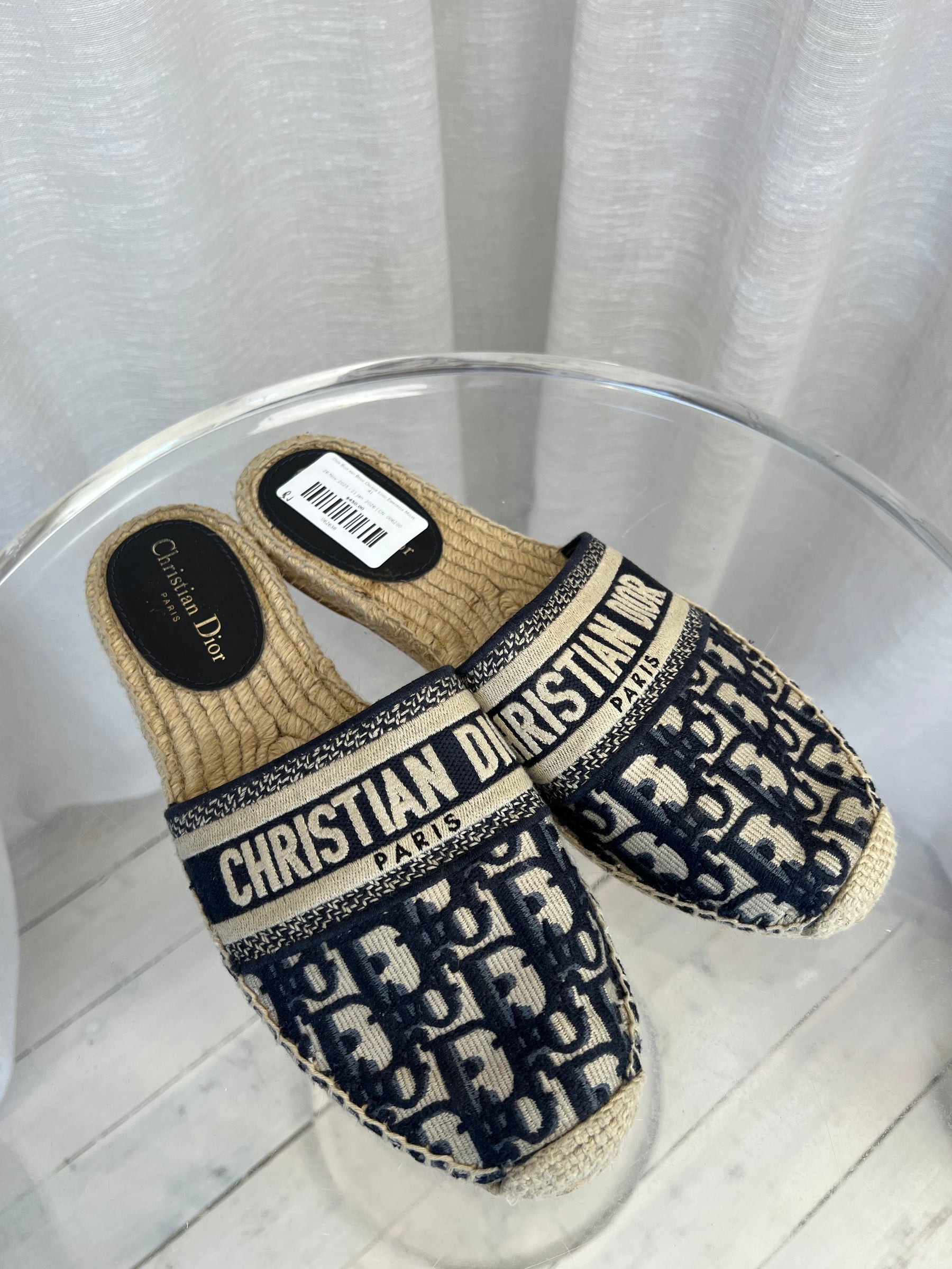 Dior Blue and Beige Oblique Logo Espadrille Mules, 41