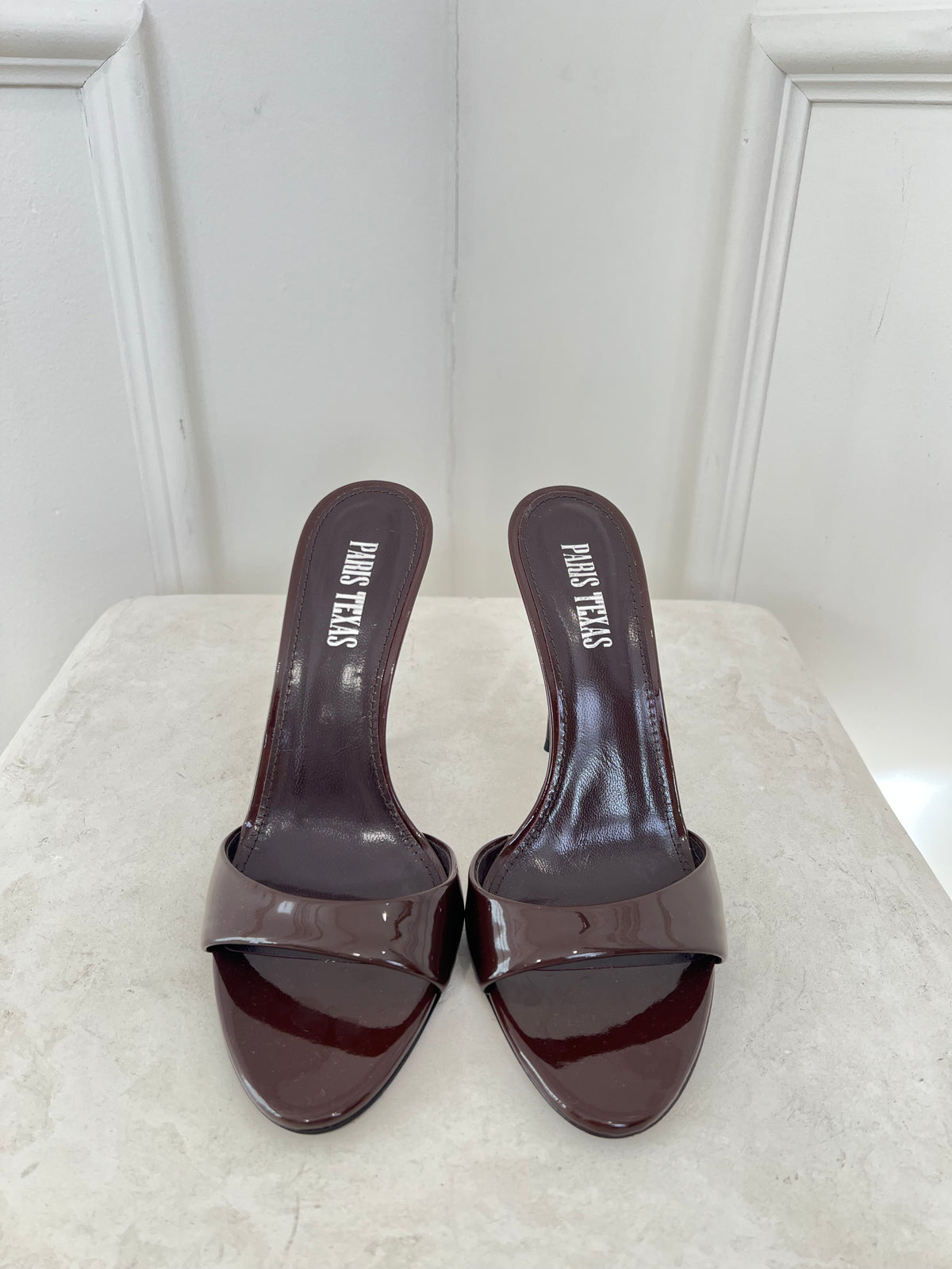 Paris Texas Brown Patent Leather Mules, 38