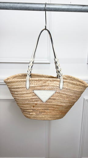 Prada Raffia and White Leather Logo Basket Tote