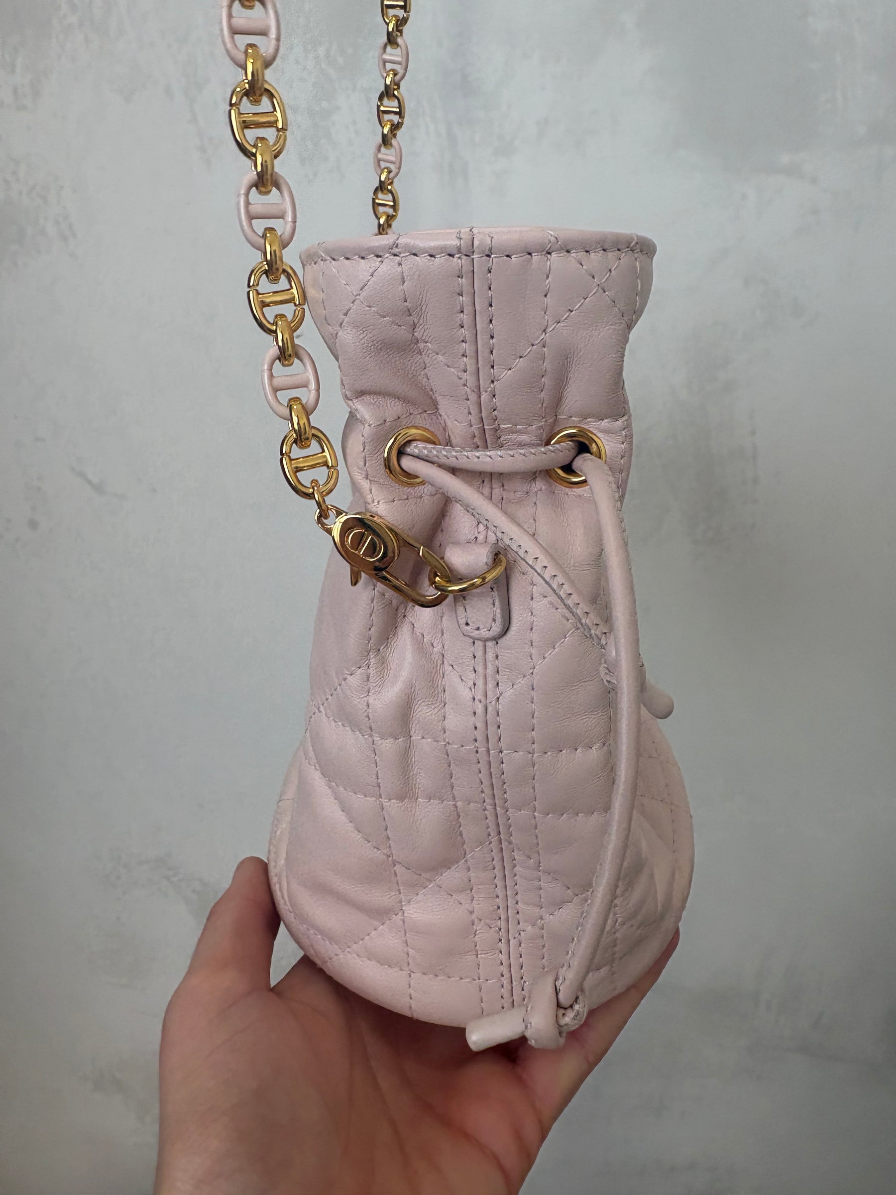 Dior Baby Pink Cannage Leather Drawstring Bucket Bag