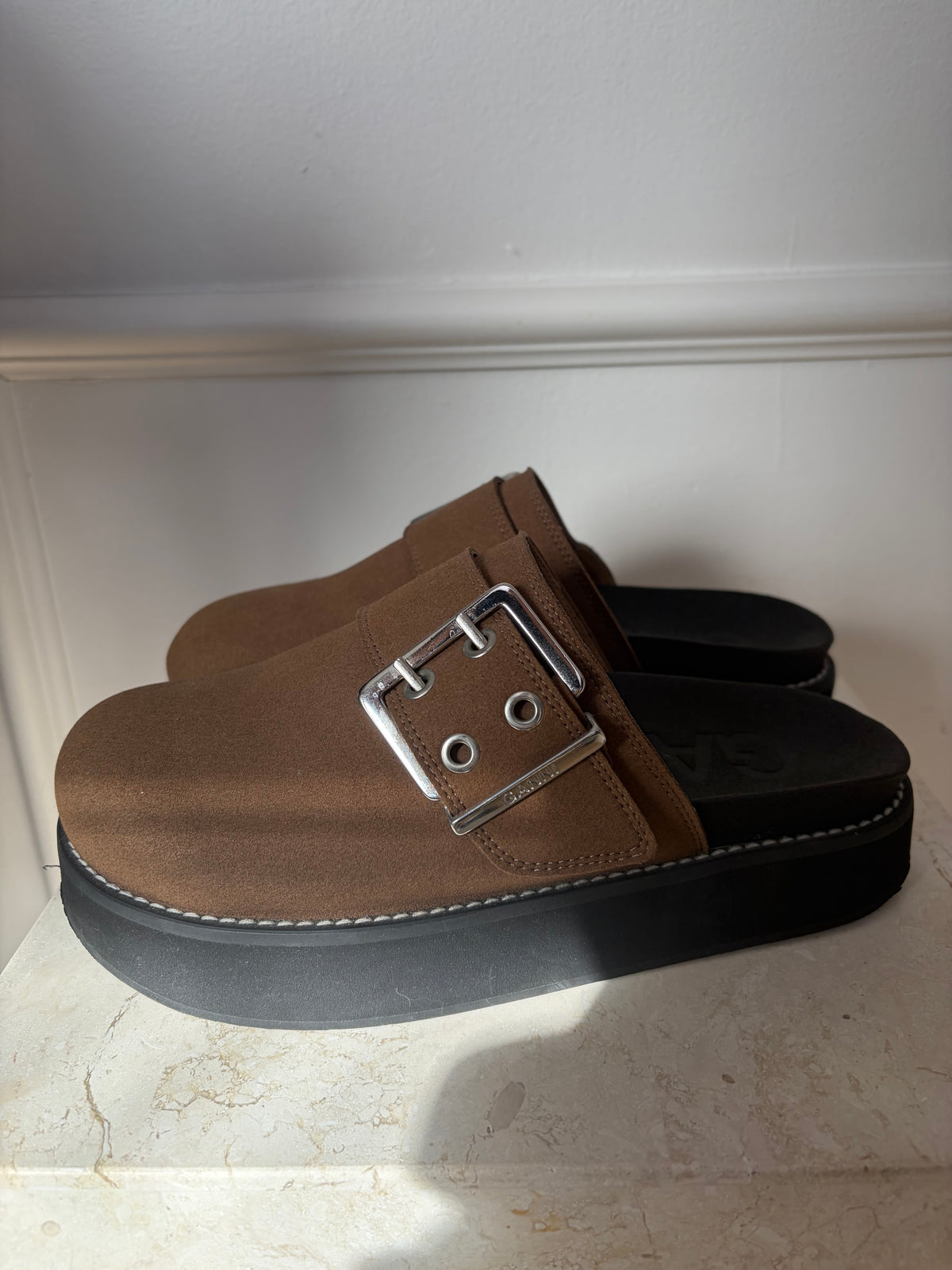 Ganni Brown Buckle Clogs, 38