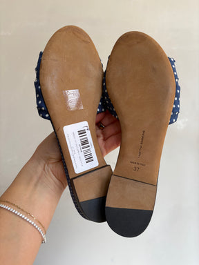 Tabitha Simmons Blue and White Spotted Bow Slides, 37