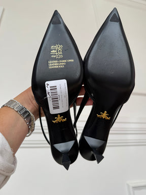 Prada Black Leather Mesh Pointed Logo Pumps, 38.5