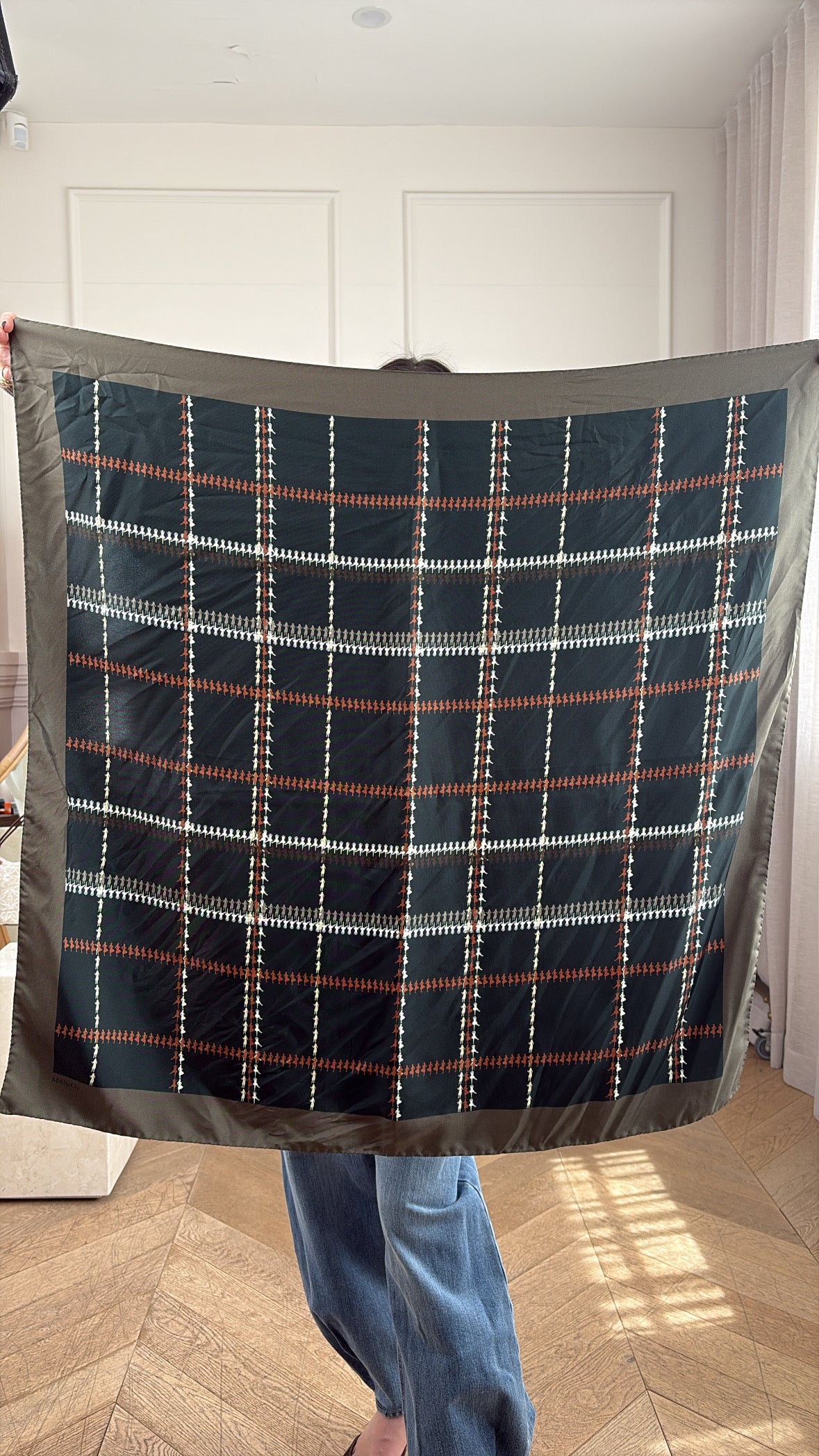 Max & Co Green Brown White Checked Silk Scarf