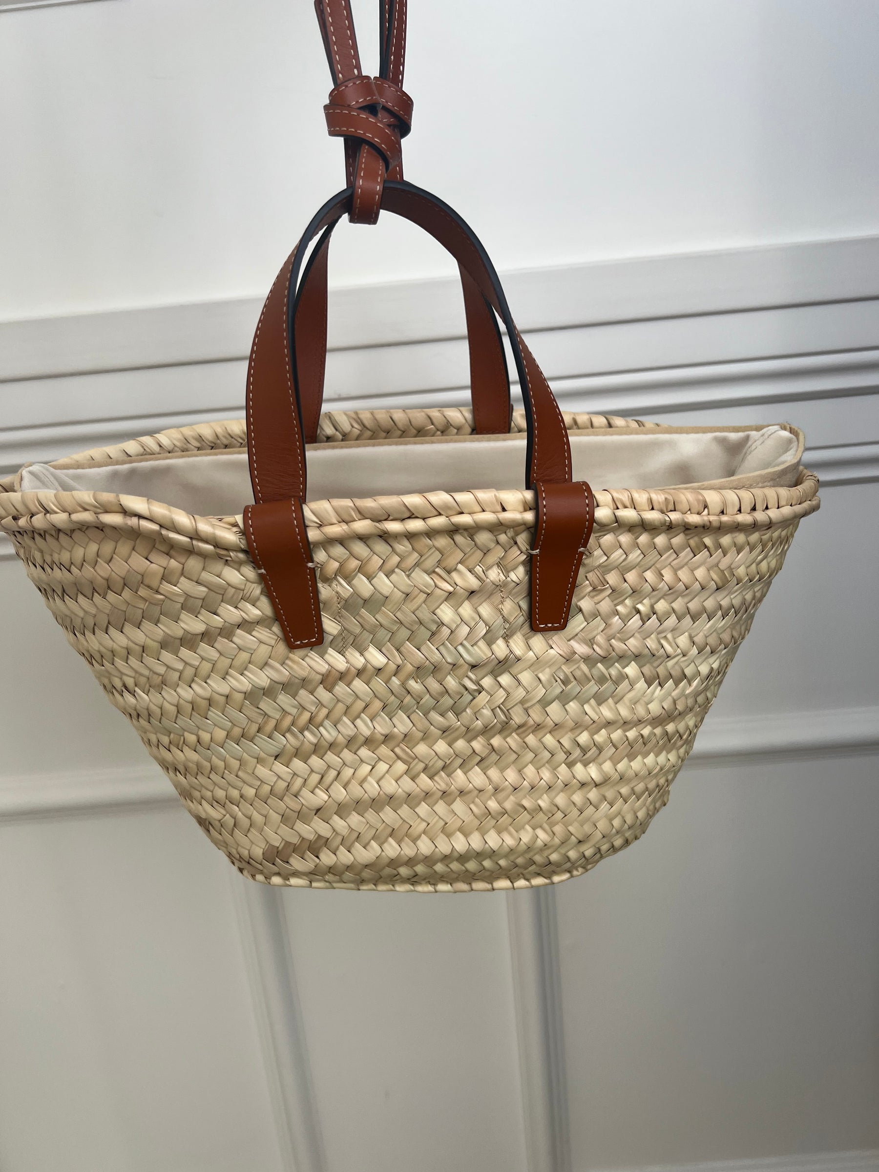 Céline Raffia and Leather Triomphe Basket Bag with Strap