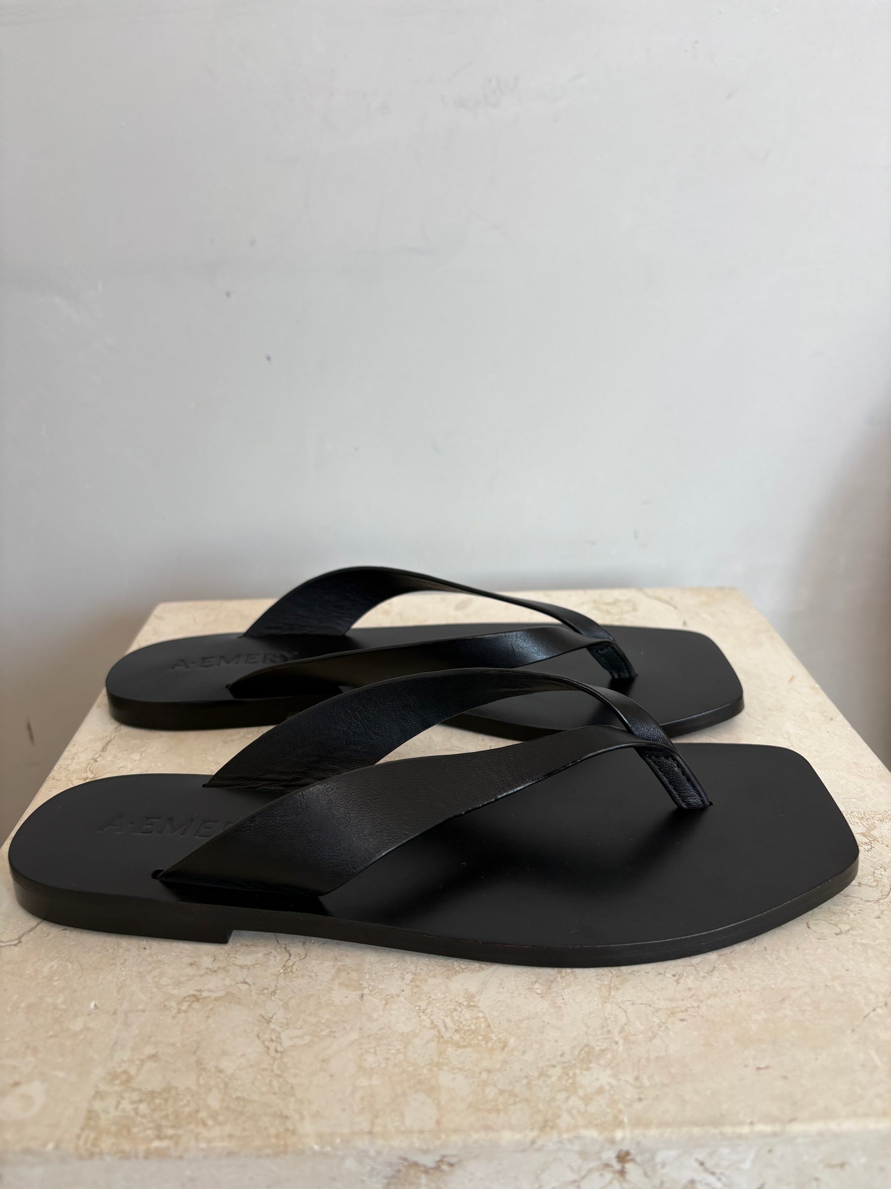 A.EMERY Black Leather Thongs, 38