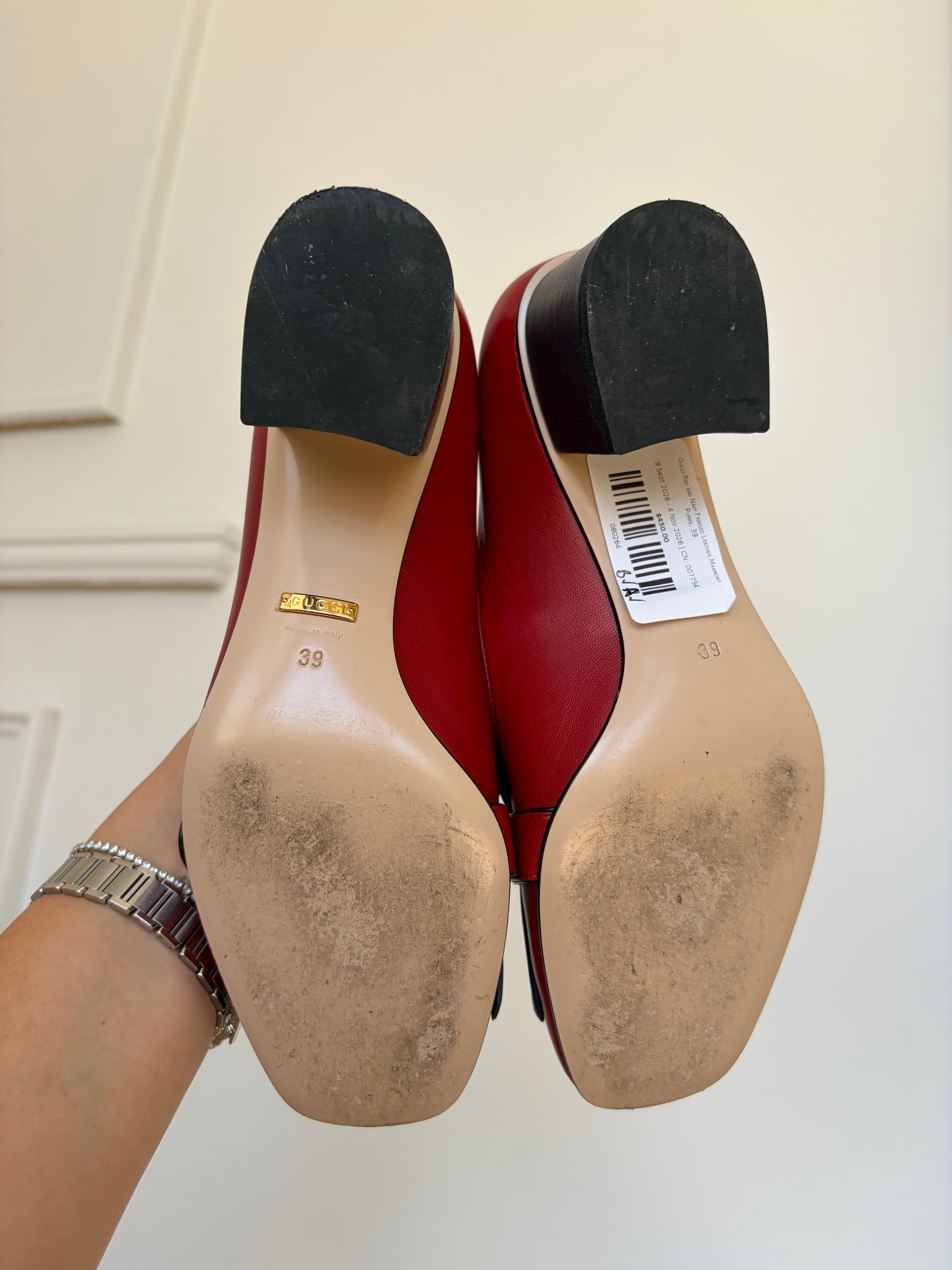 Gucci Red and Navy Fringed Leather Marmont Pumps, 39