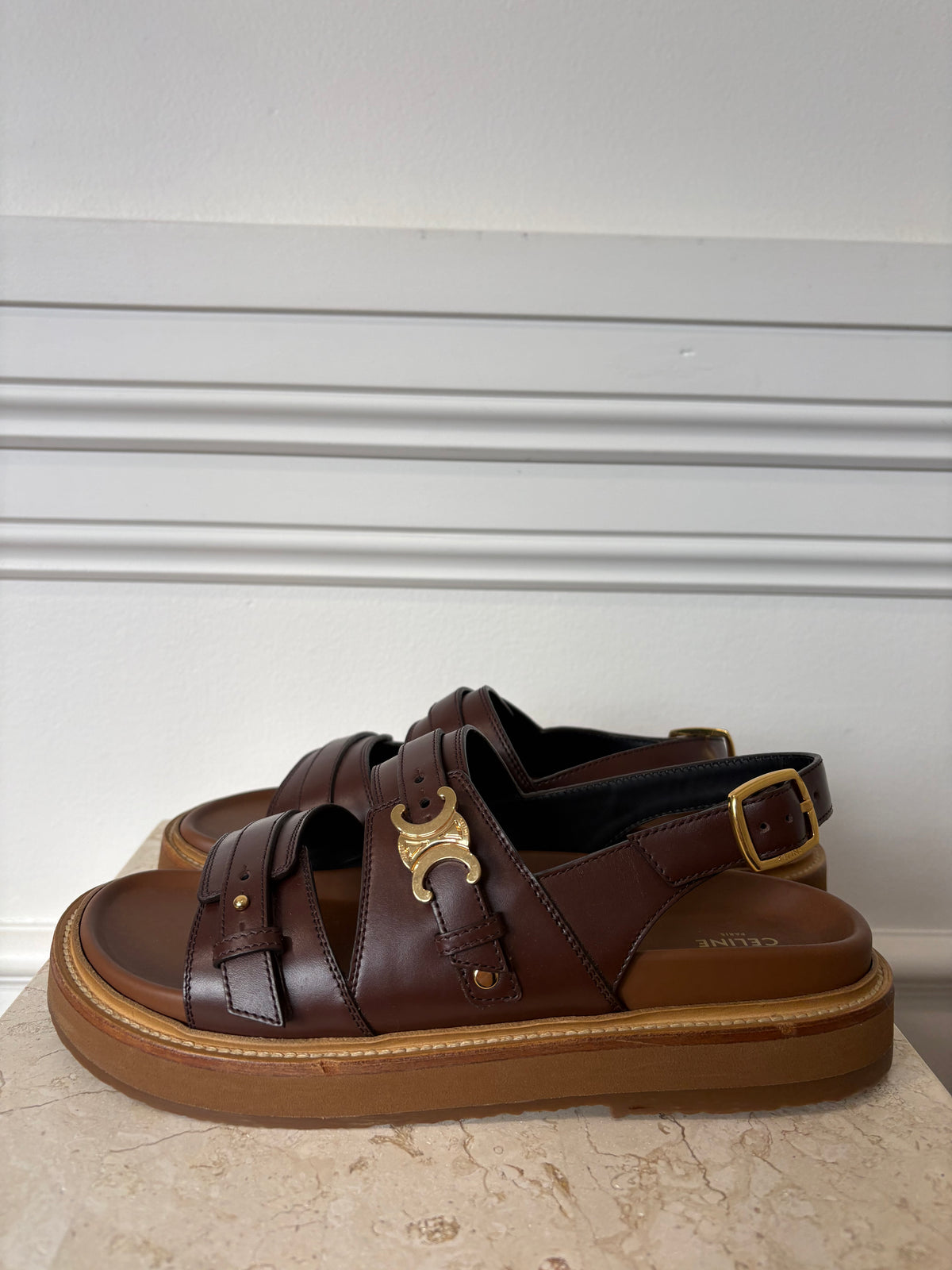 Celine Tippi Triomphe Sandals In Dark Brown, 38
