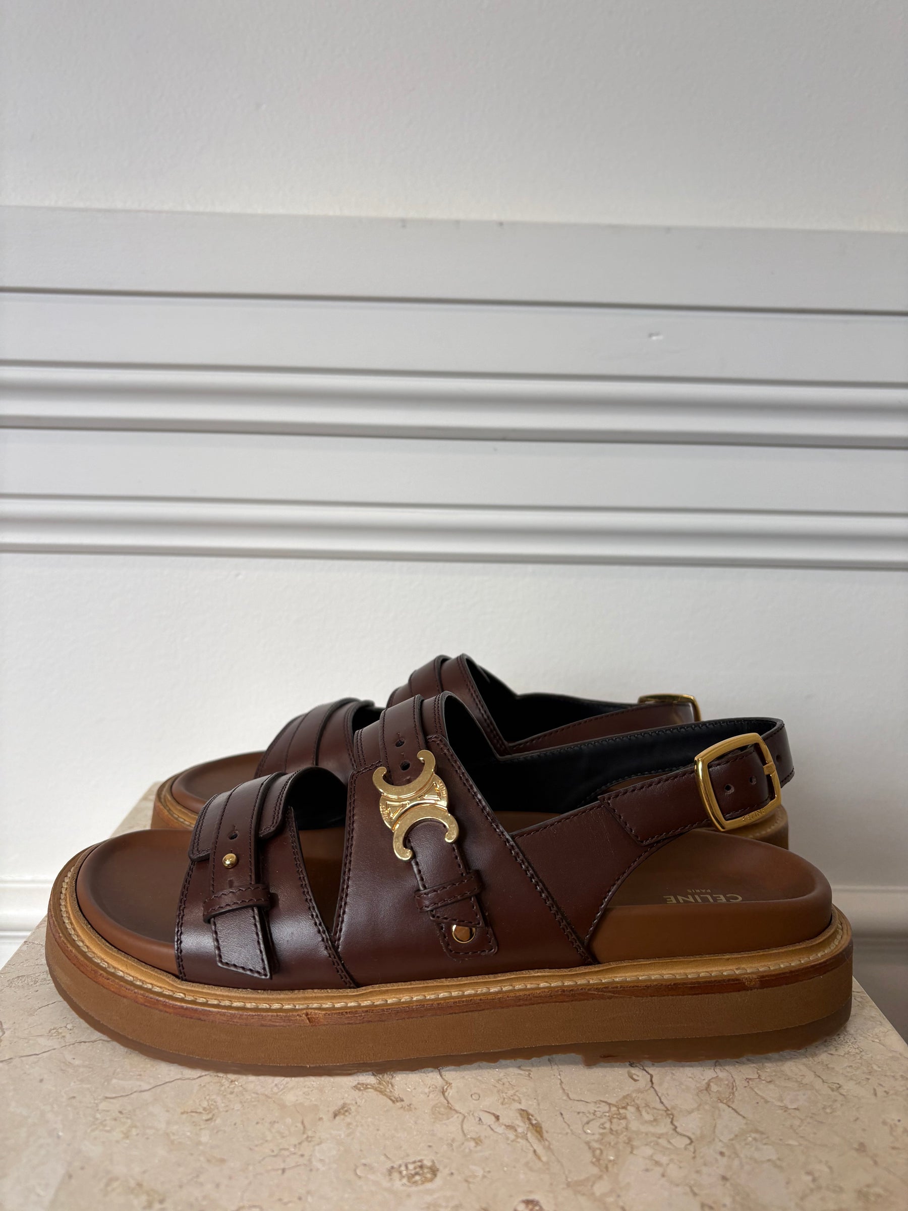 Celine Tippi Triomphe Sandals In Dark Brown, 38