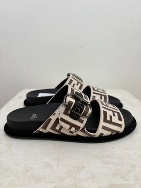 Fendi Brown and Cream Leather Feel Slides, 36