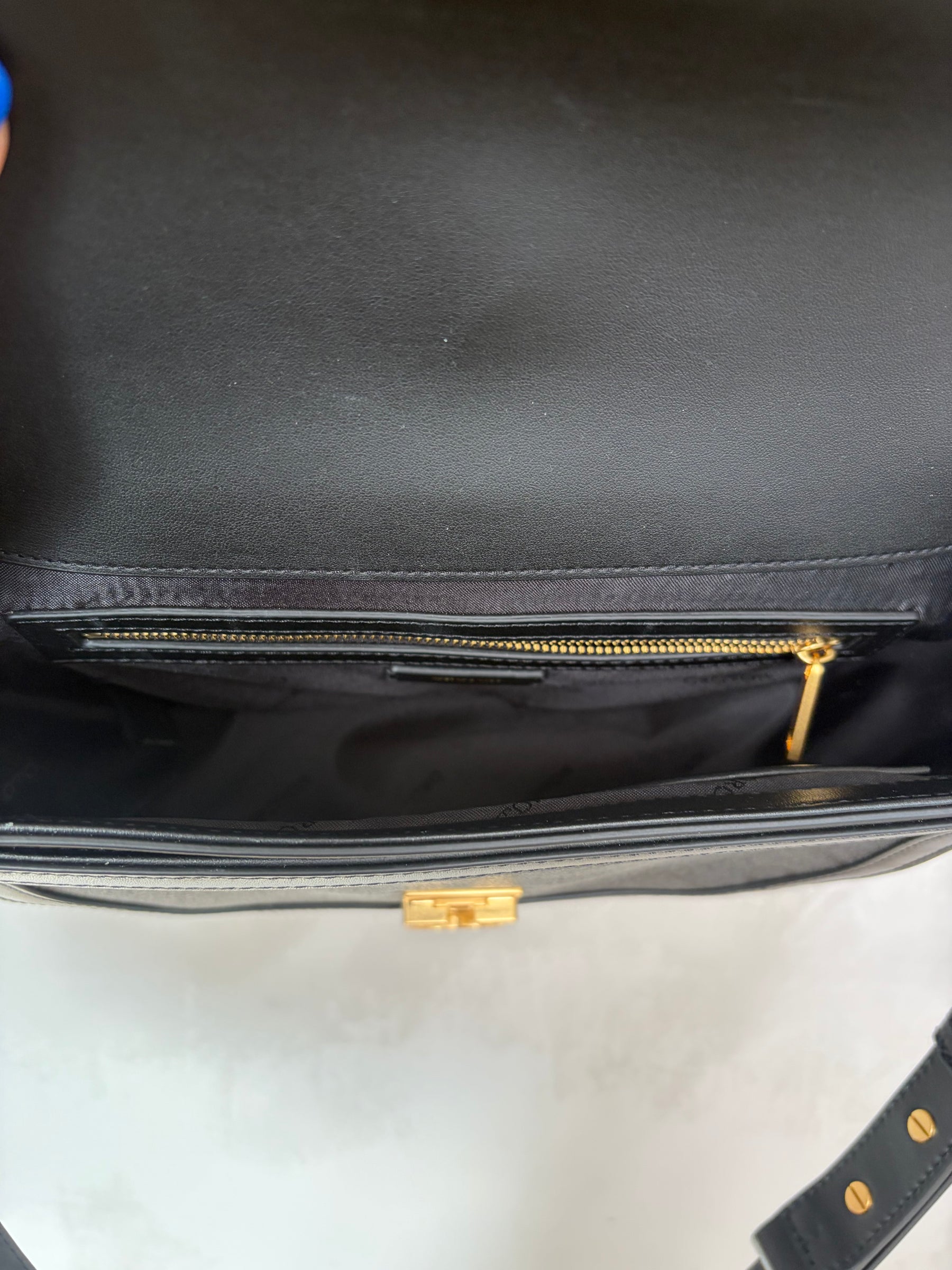 Oroton Black and Charcoal Monogram half Moon Flap Bag