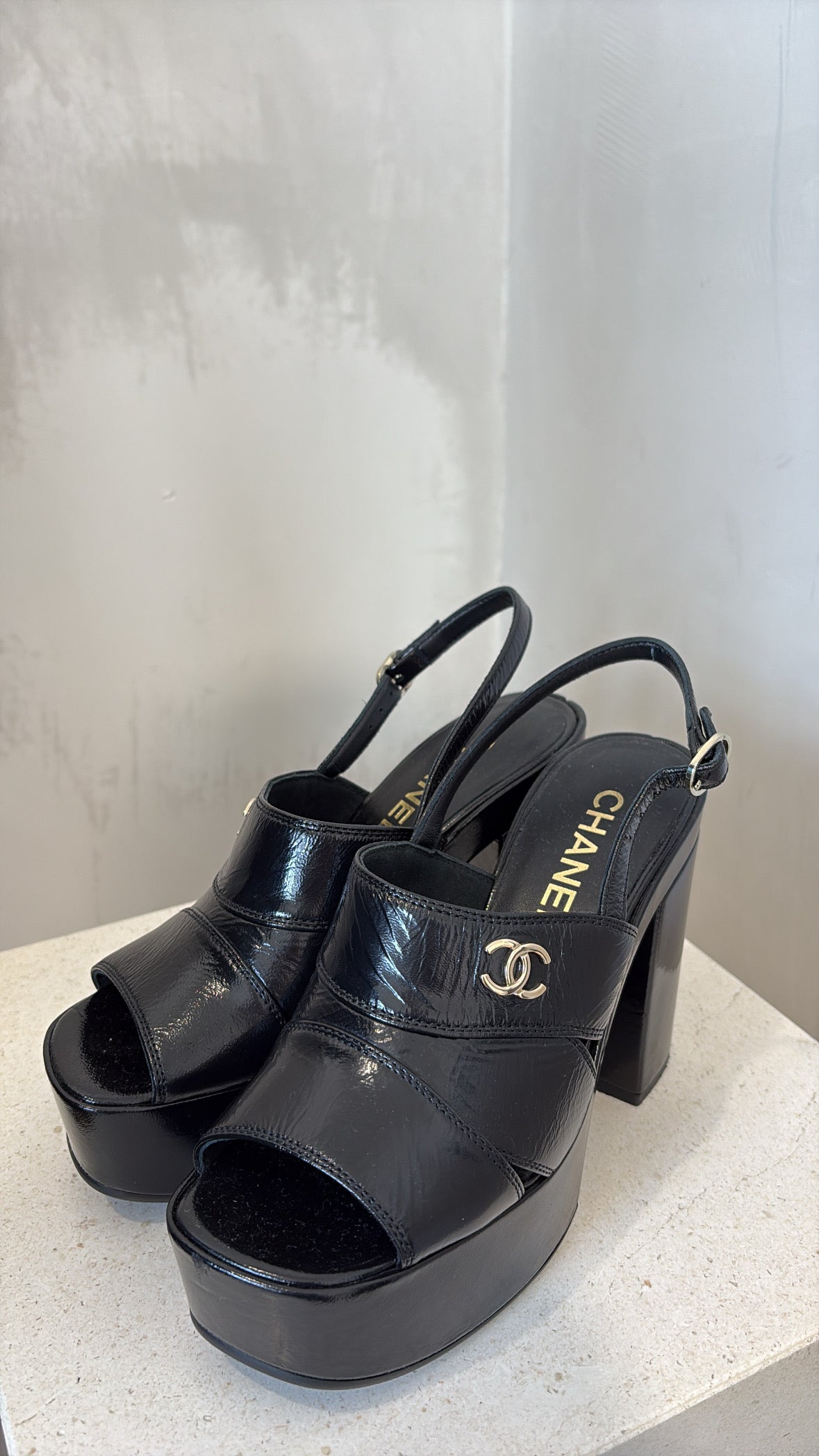 Chanel Crumpled Patent Lambskin Platform Sandals, 36C