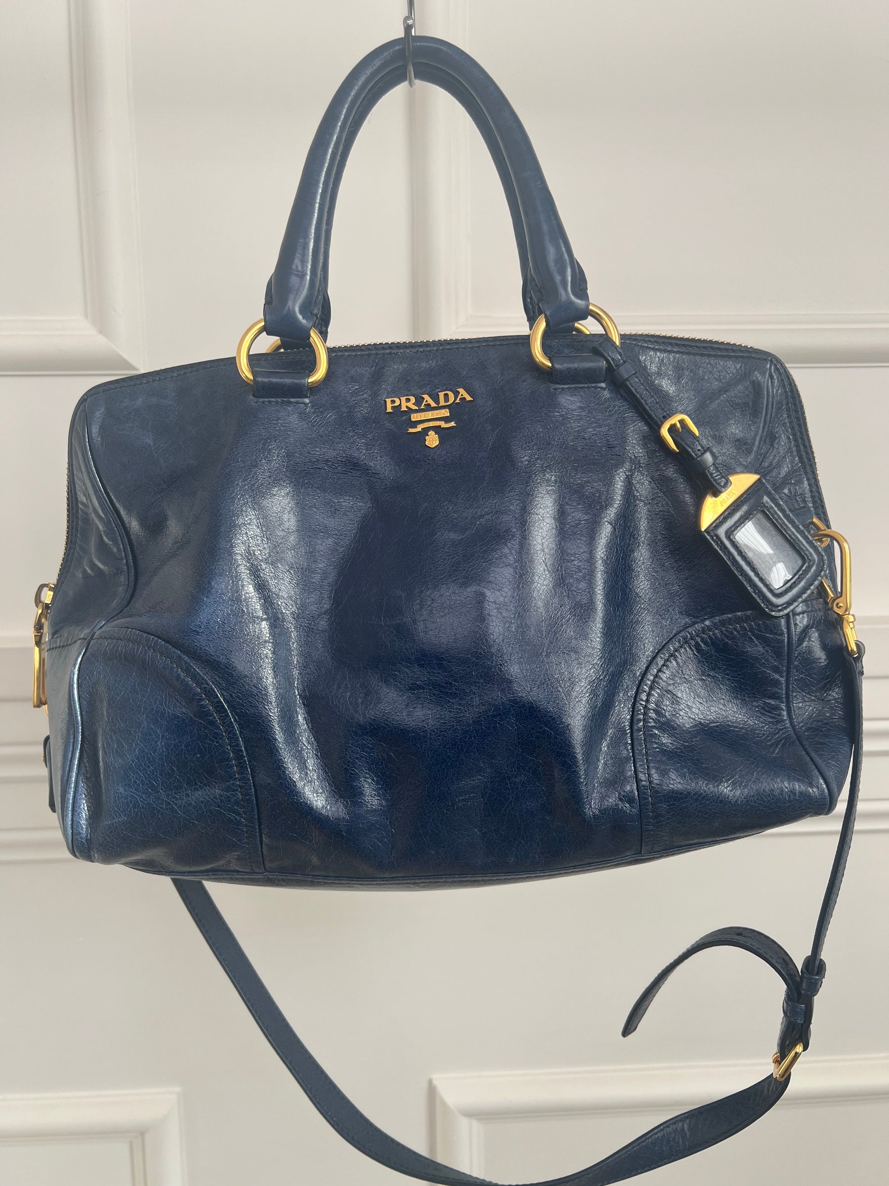Prada Blue Crinkled Leather Zipped Tote Bag