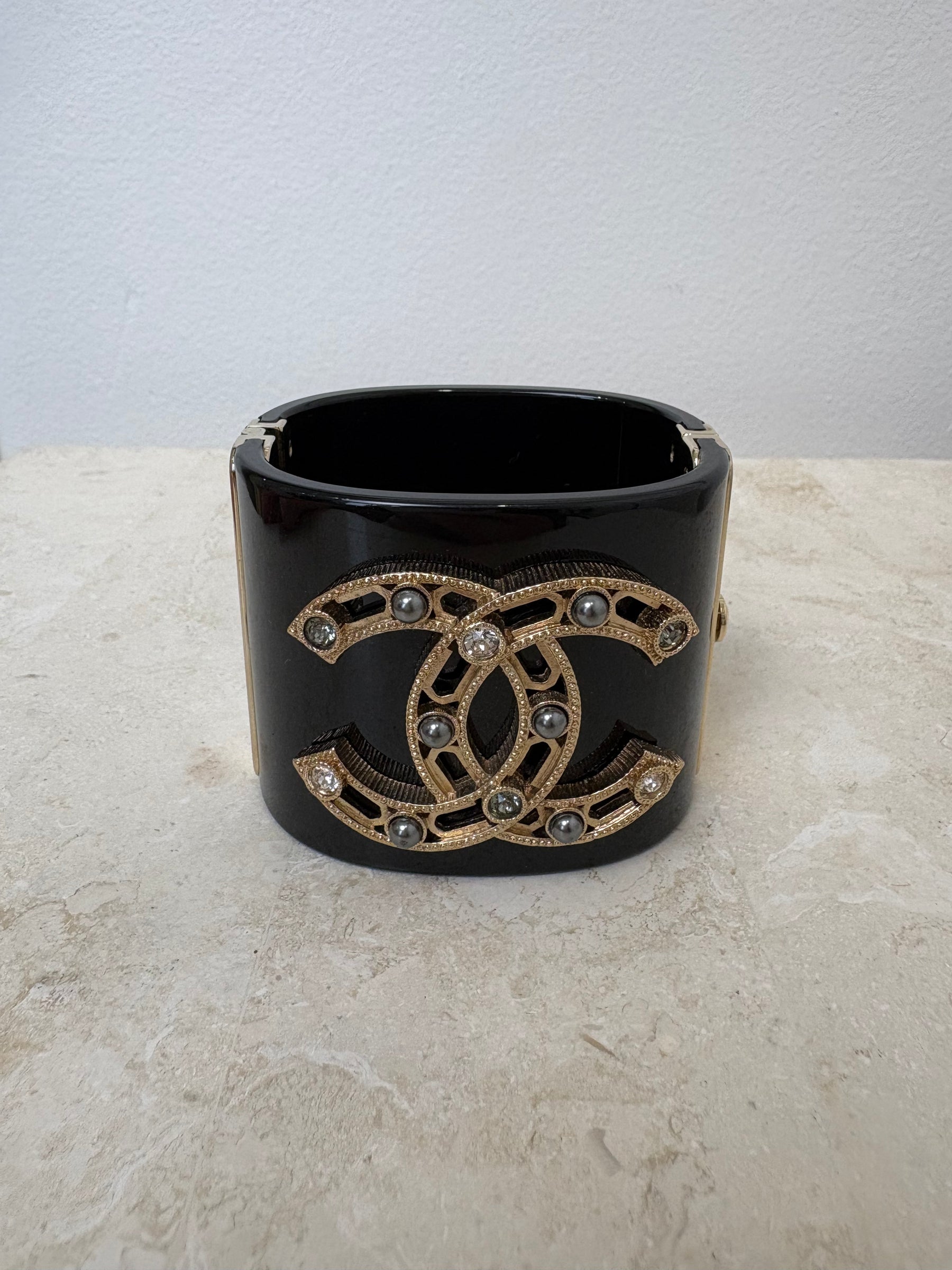 Chanel Black and Gold Tone Acrylic Cuff