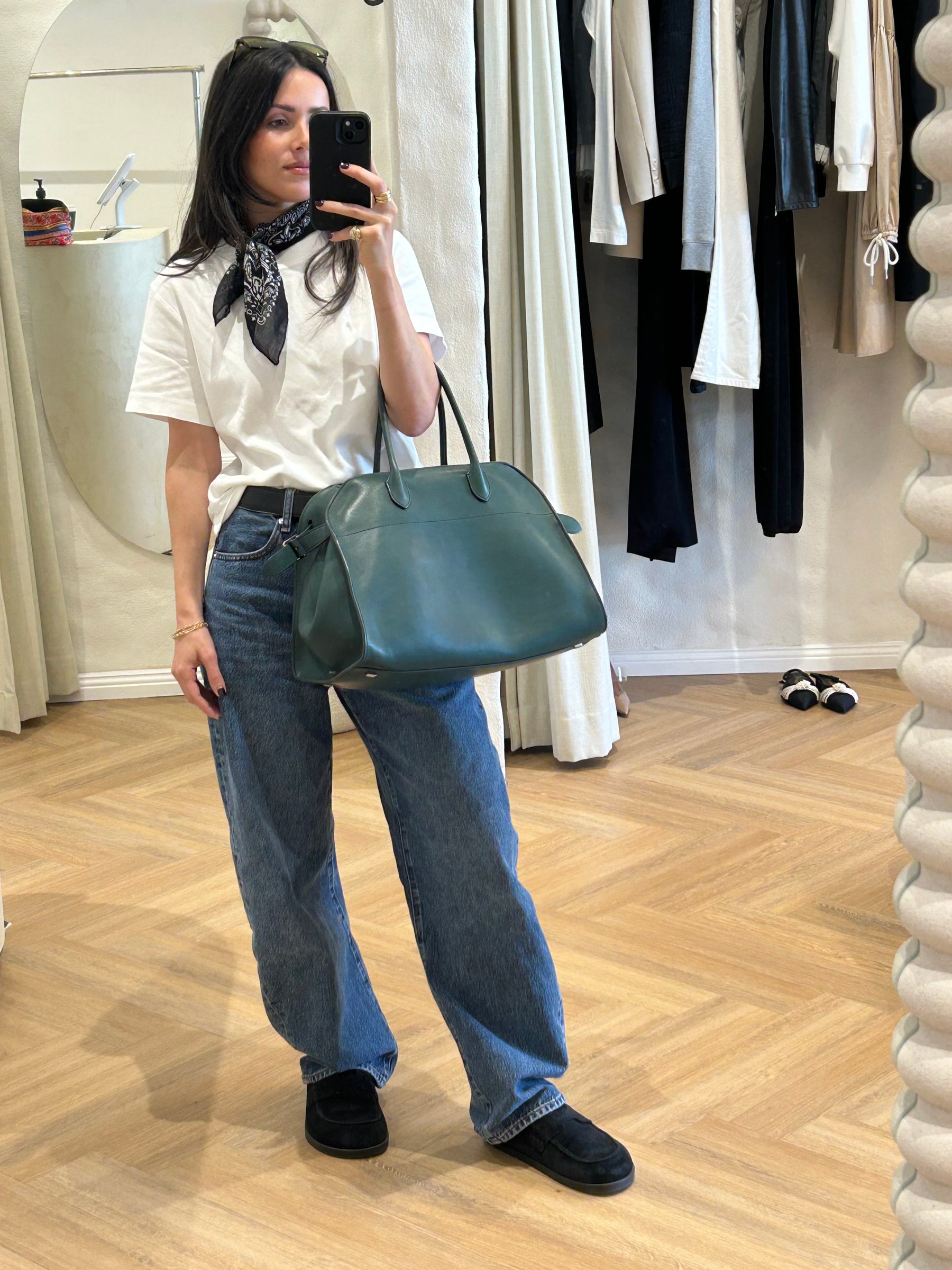 The Row Soft Margaux 15 in Emerald Green Leather
