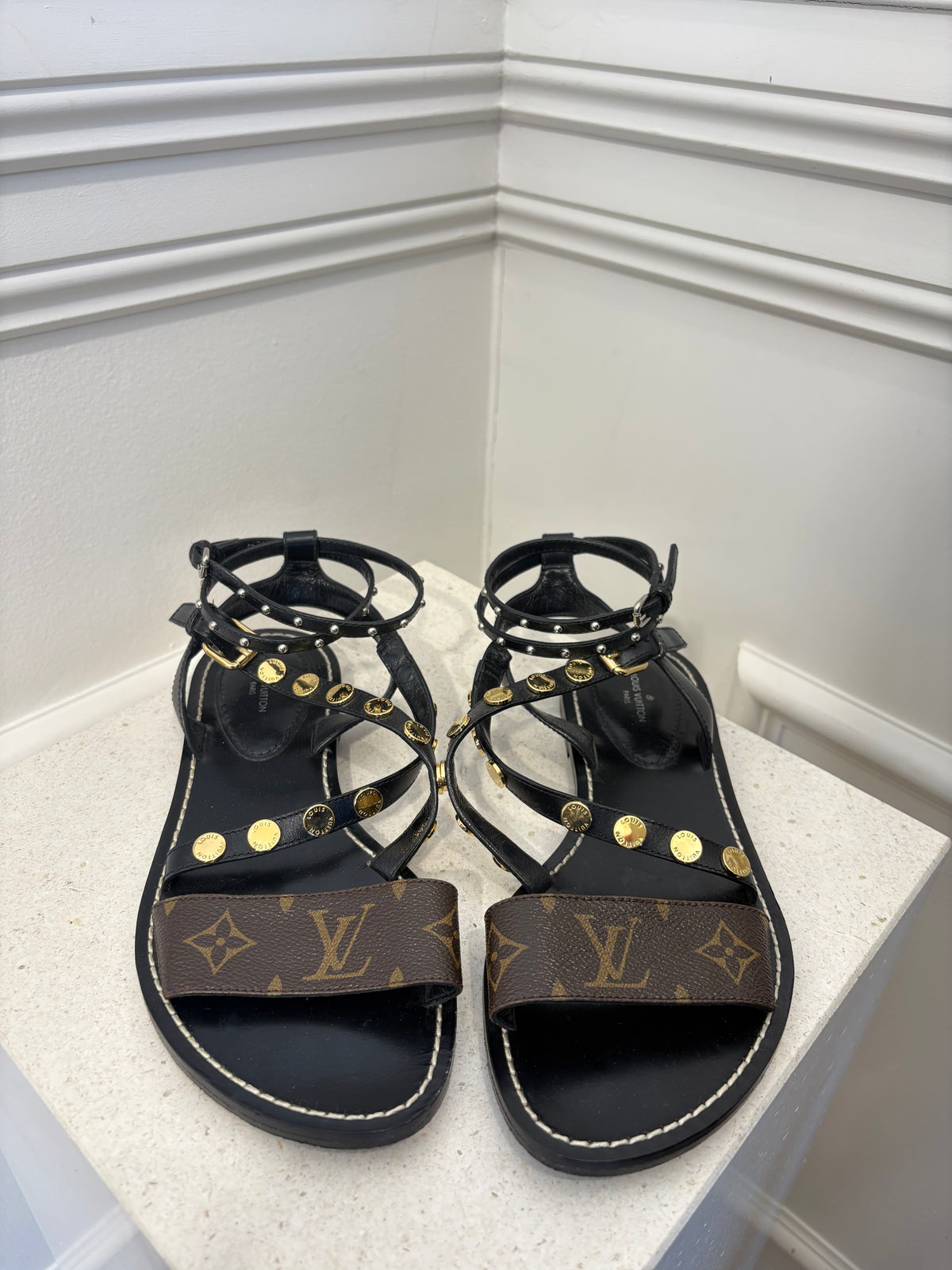 Louis Vuitton Canvas Monogram and Black Leather Studded Sandal, 38