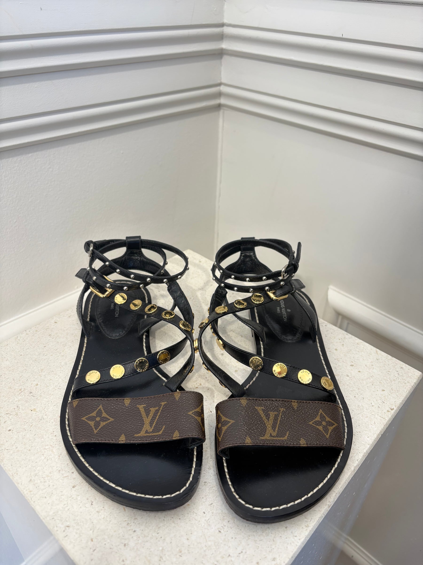 Louis Vuitton Canvas Monogram and Black Leather Studded Sandal, 38