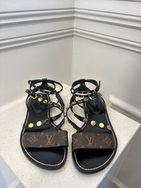 Louis Vuitton Canvas Monogram and Black Leather Studded Sandal, 38