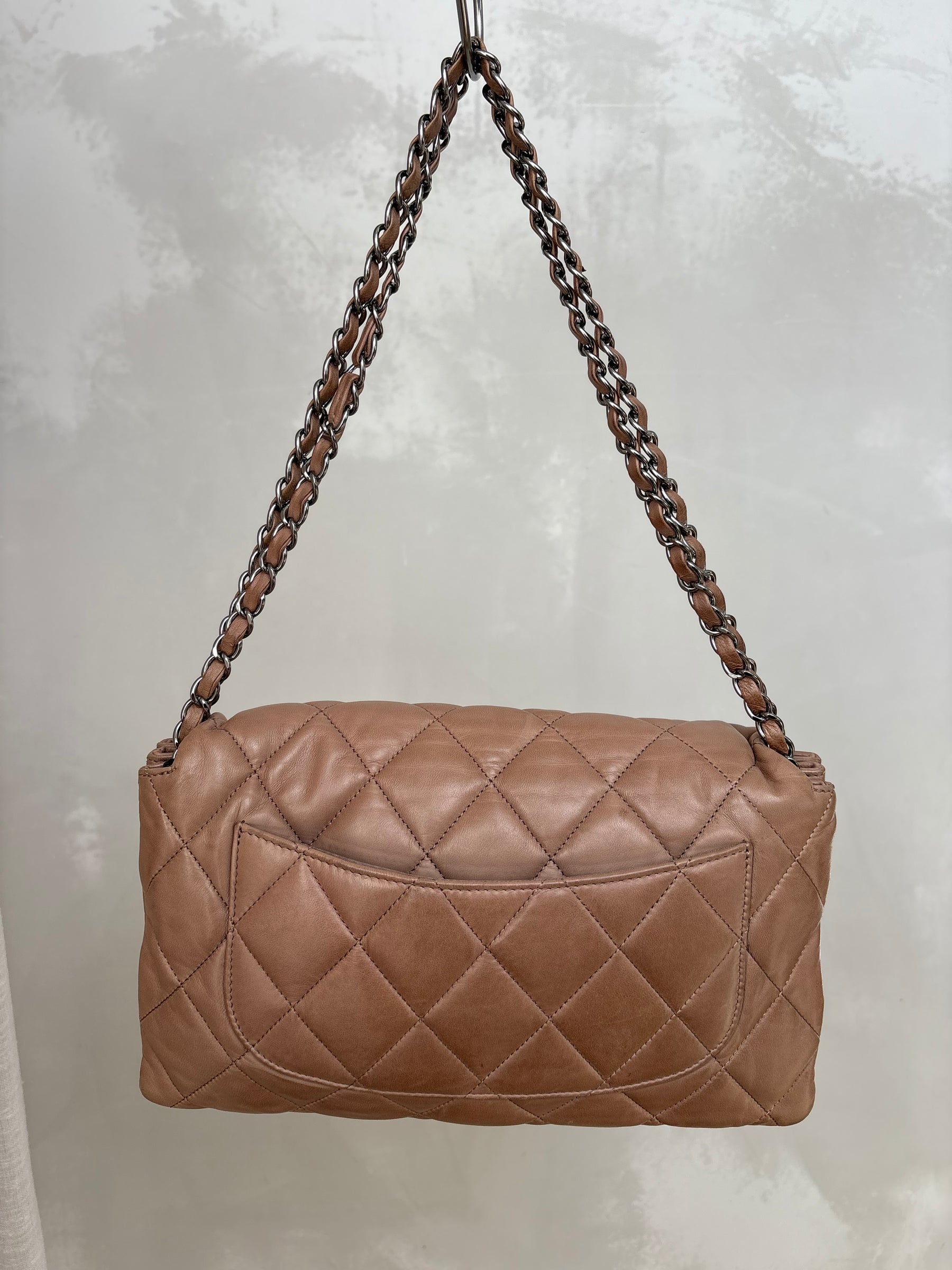 Chanel Accordian Flap Bag In Quilted Lambskin Light Brown