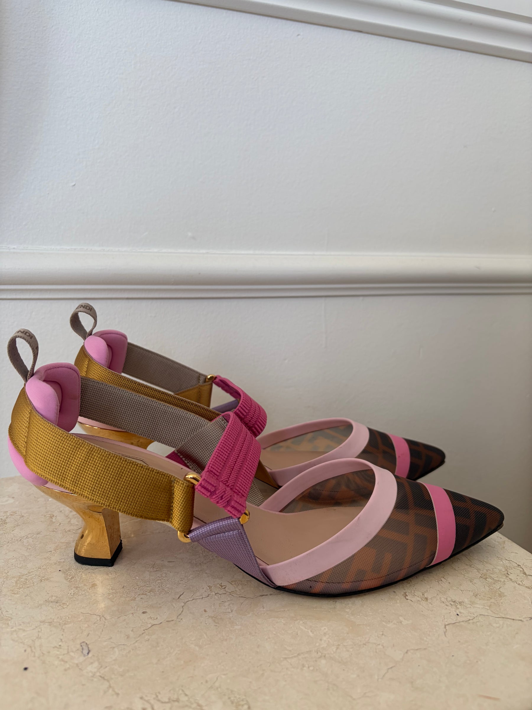 Fendi Brown monogram and Pastel Colibri Slingback Heels, 40