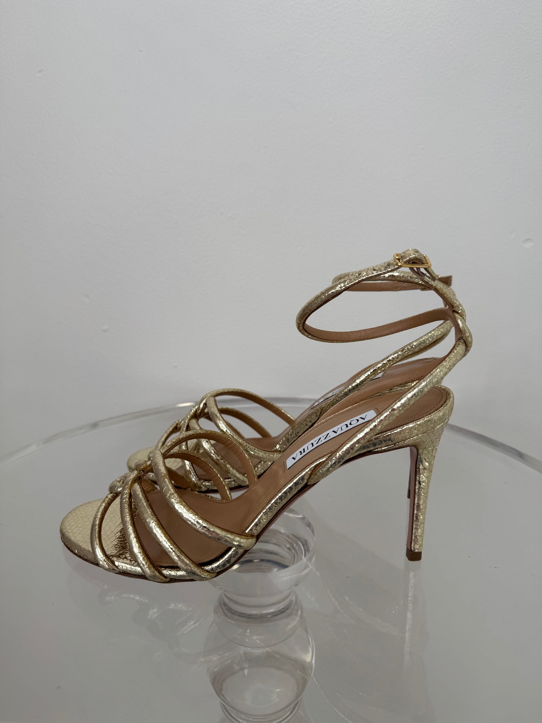 Aquazzura Gold Metallic Textured Leather Ankle Strap Heels, 37