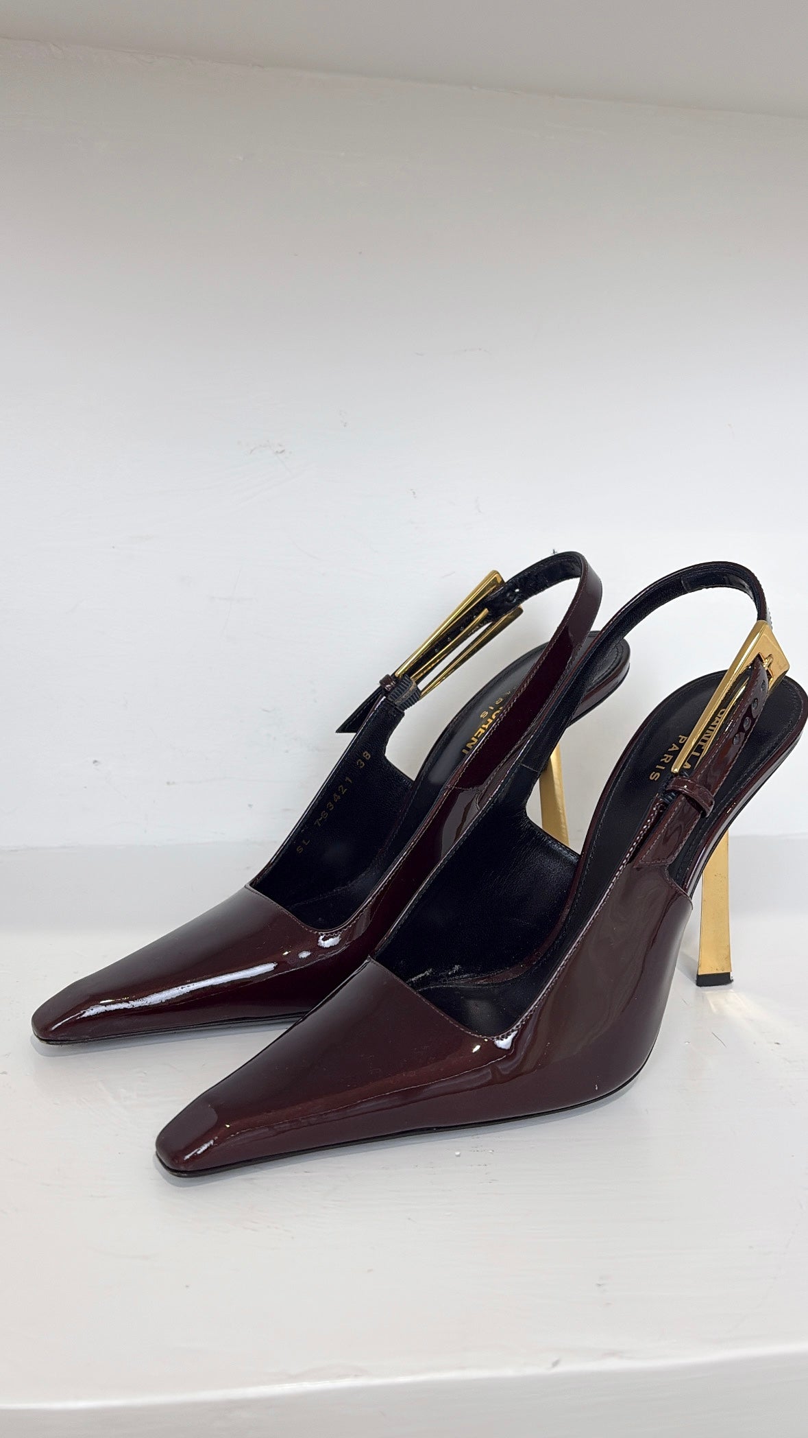 Saint Laurent Burgundy Patent Leather Pointed Slingback Pump, 38