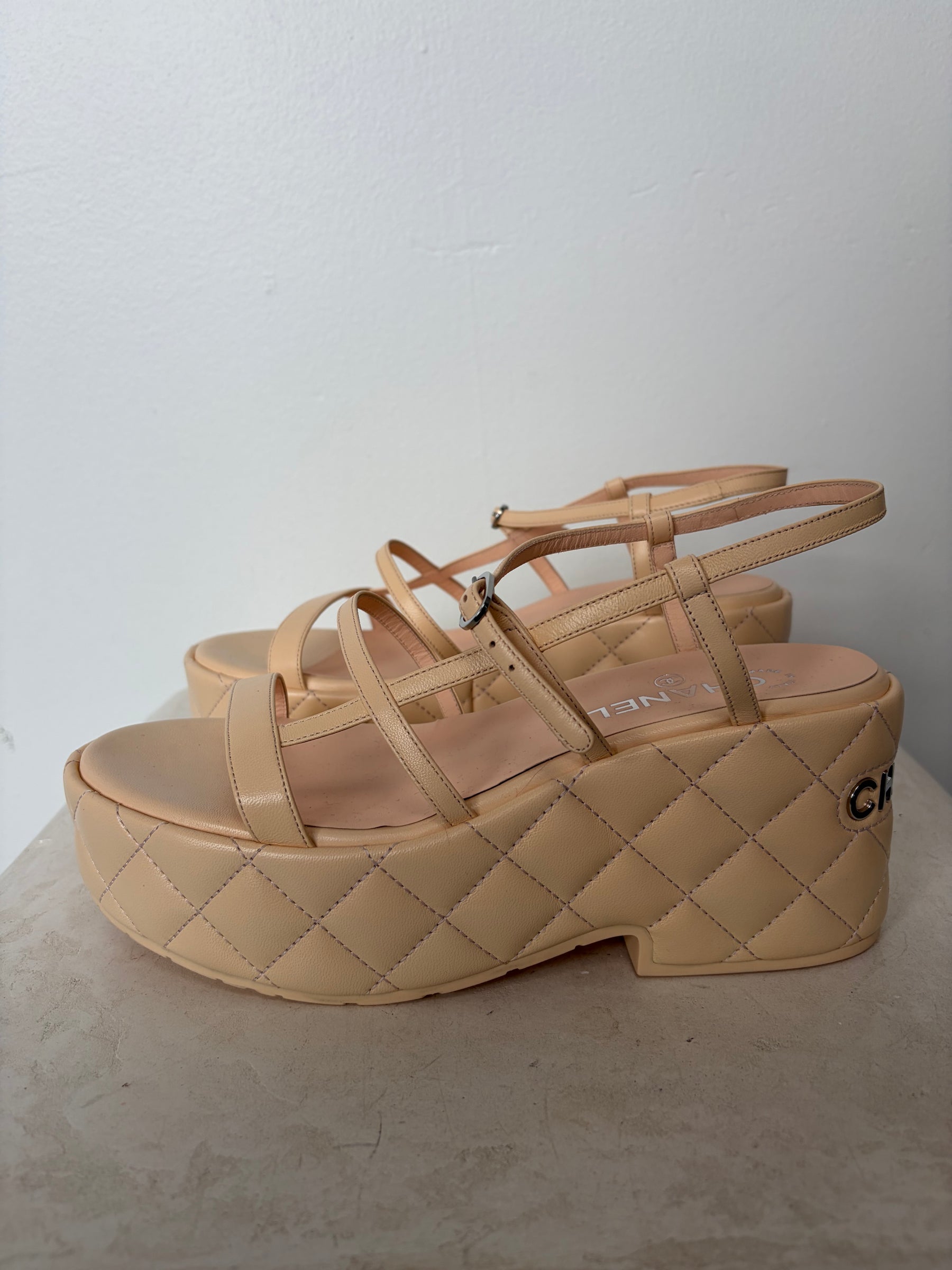 Chanel Pale Peach Quilted Leather Platform Sandals, 39 C