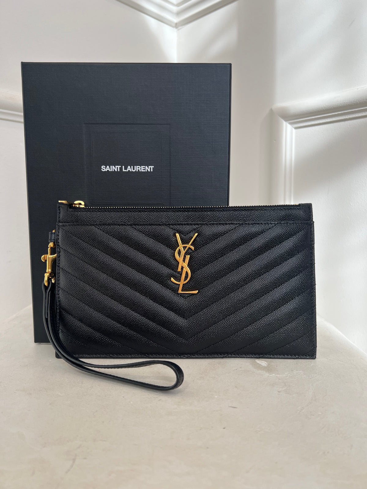 Saint Laurent Black Leather Chevron Quilted Wristlet