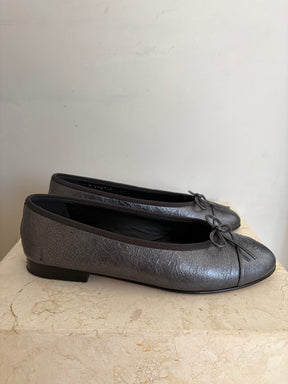 Chanel Leather Ballet Flats Dark Grey Metallic, 38C