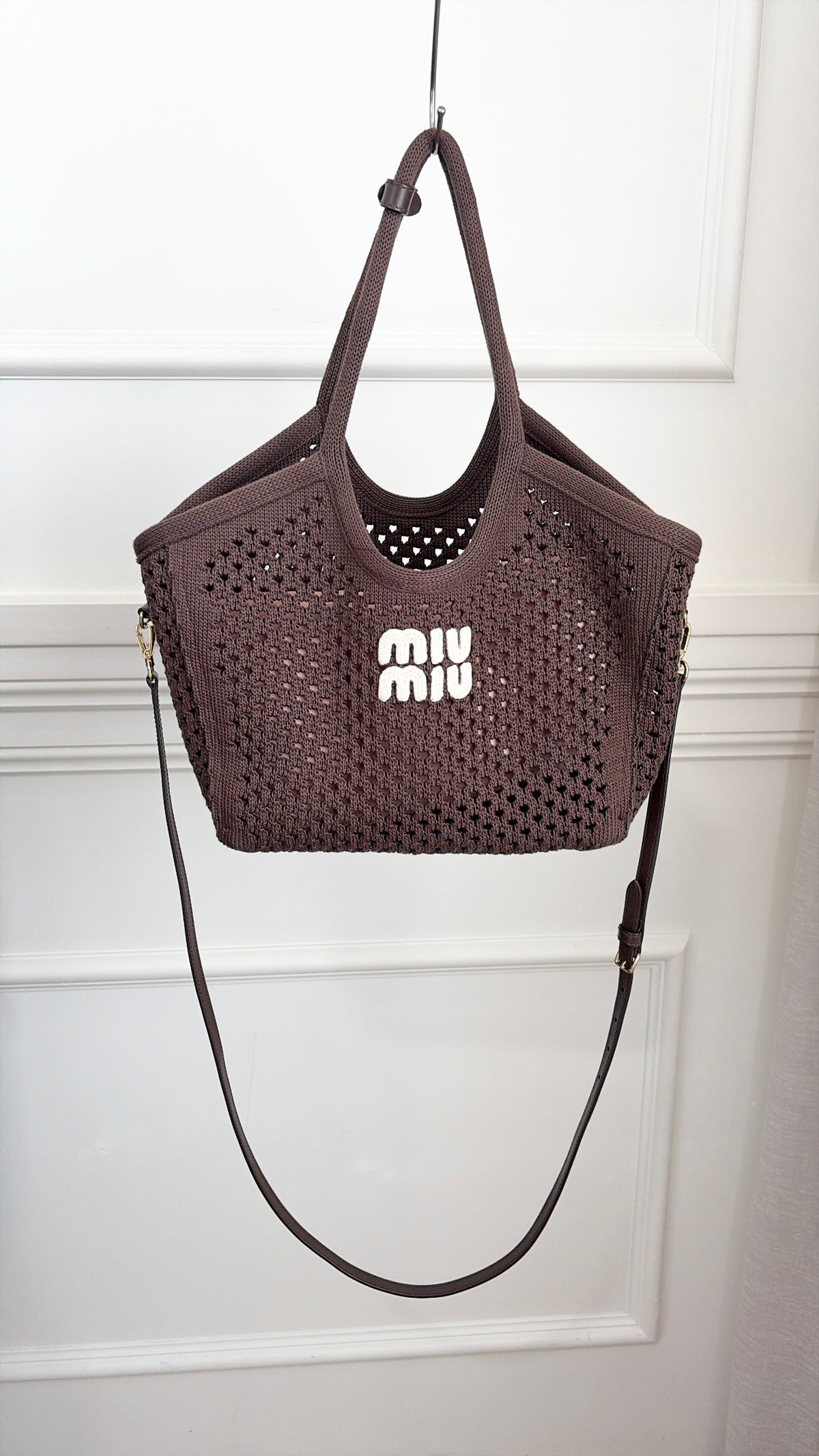 Miu Miu Ivy Cotton Mesh Tote Chocolate Brown