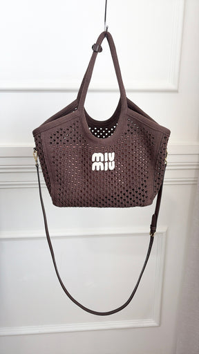 Miu Miu Ivy Cotton Mesh Tote Chocolate Brown