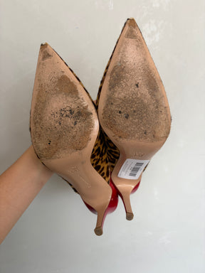 Gianvito Rossi Leopard Pony Hair and Red Patent Leather Pointed Mule, 38