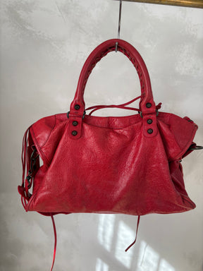 Balenciaga Cherry Red Leather Motorcycle City Bag