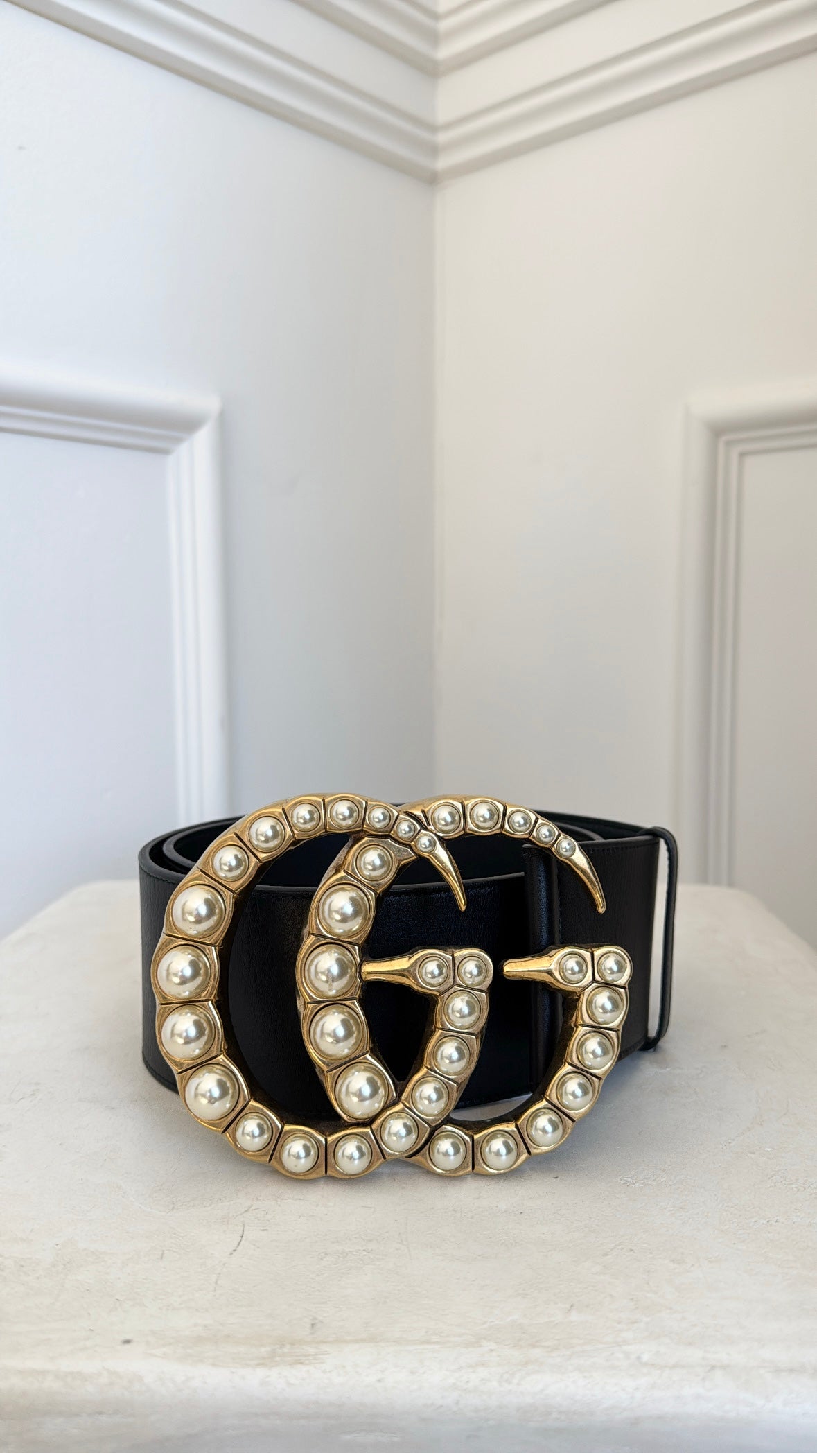 Gucci Black Leather Pearl Embellished XL Marmont Belt, 75