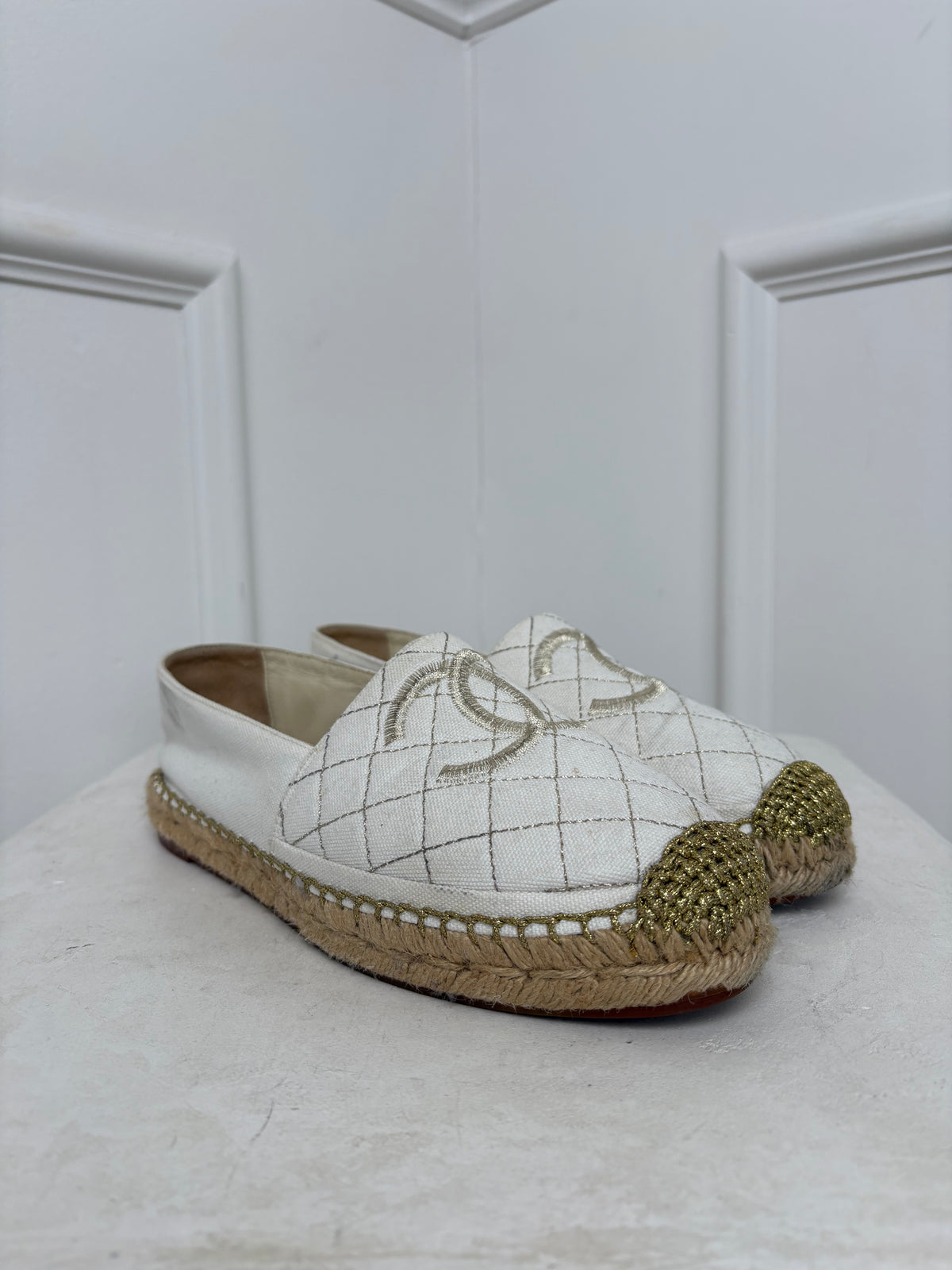 Chanel Ivory and Gold  Quilted Logo Espadrilles, 38