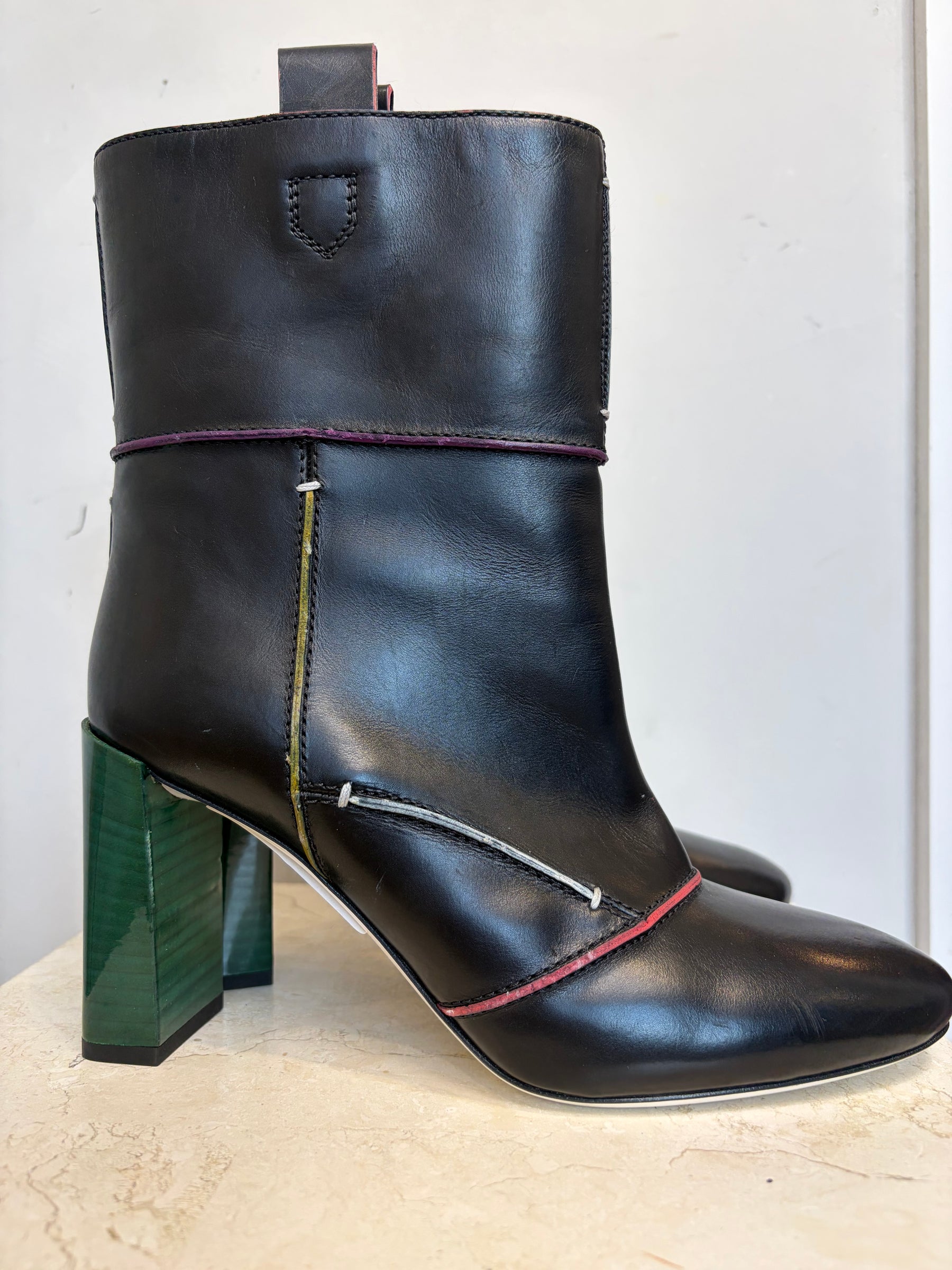 Fendi Black Leather and Multi Colour Trim Heeled Ankle Boot, 40
