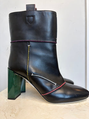 Fendi Black Leather and Multi Colour Trim Heeled Ankle Boot, 40