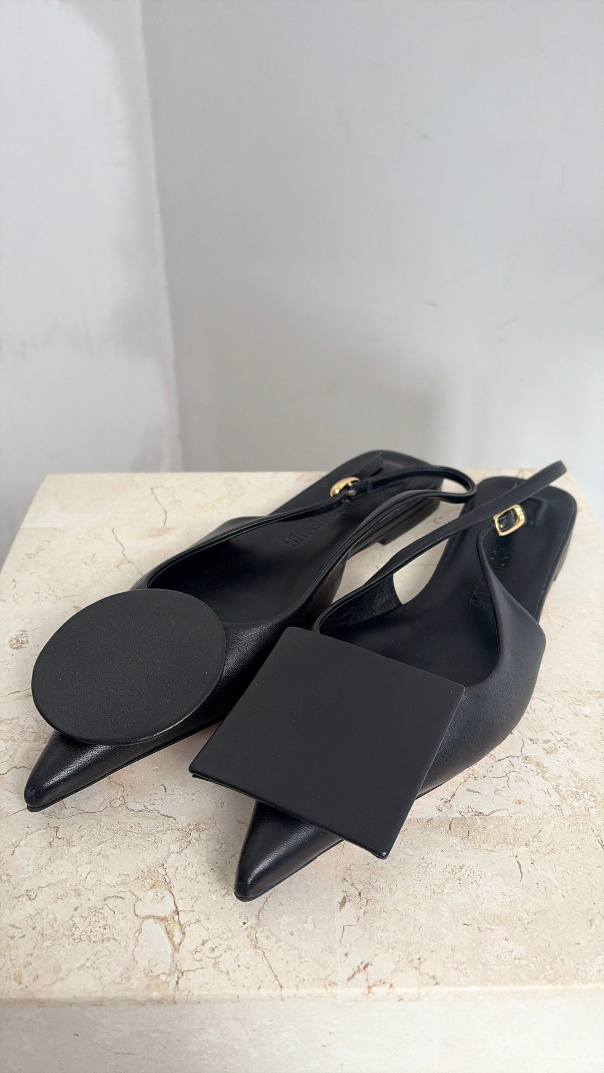 Jacquemus Black Leather Duelo Slingback Flats, 37