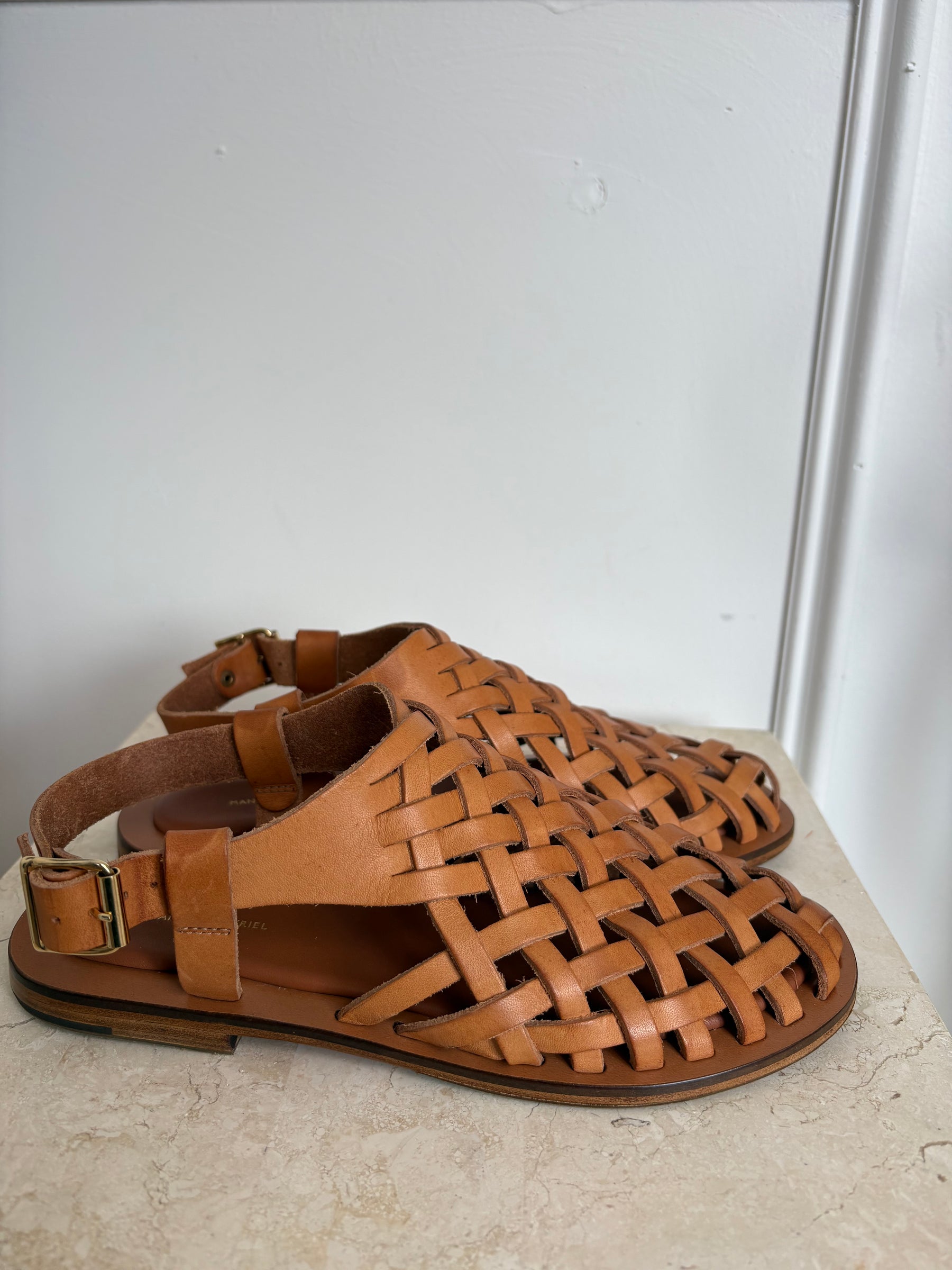 Mansur Gavriel Tan Woven Leather Sandals, 36