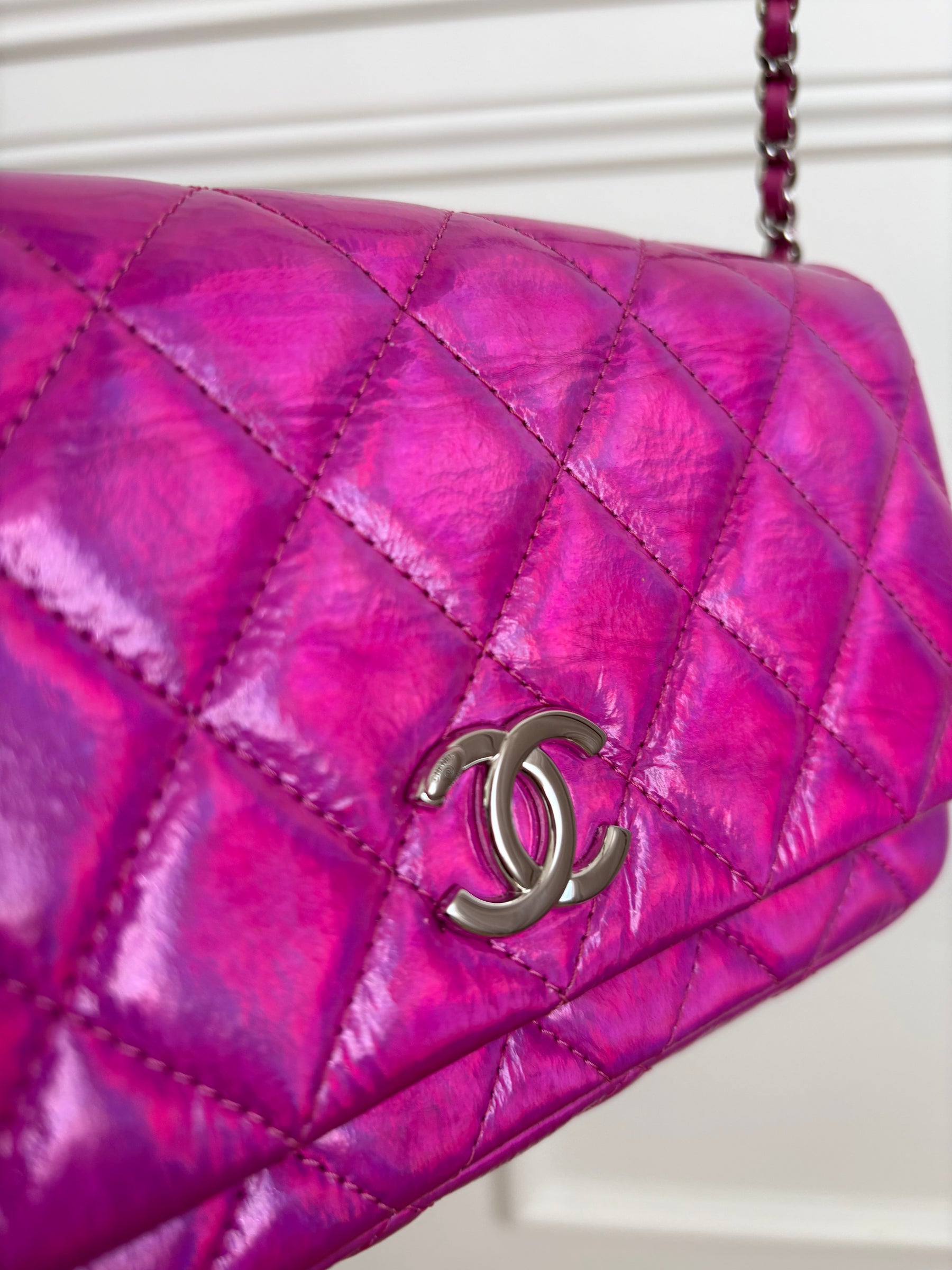 Chanel Pink Holographic Leather Rectangular Flap Bag