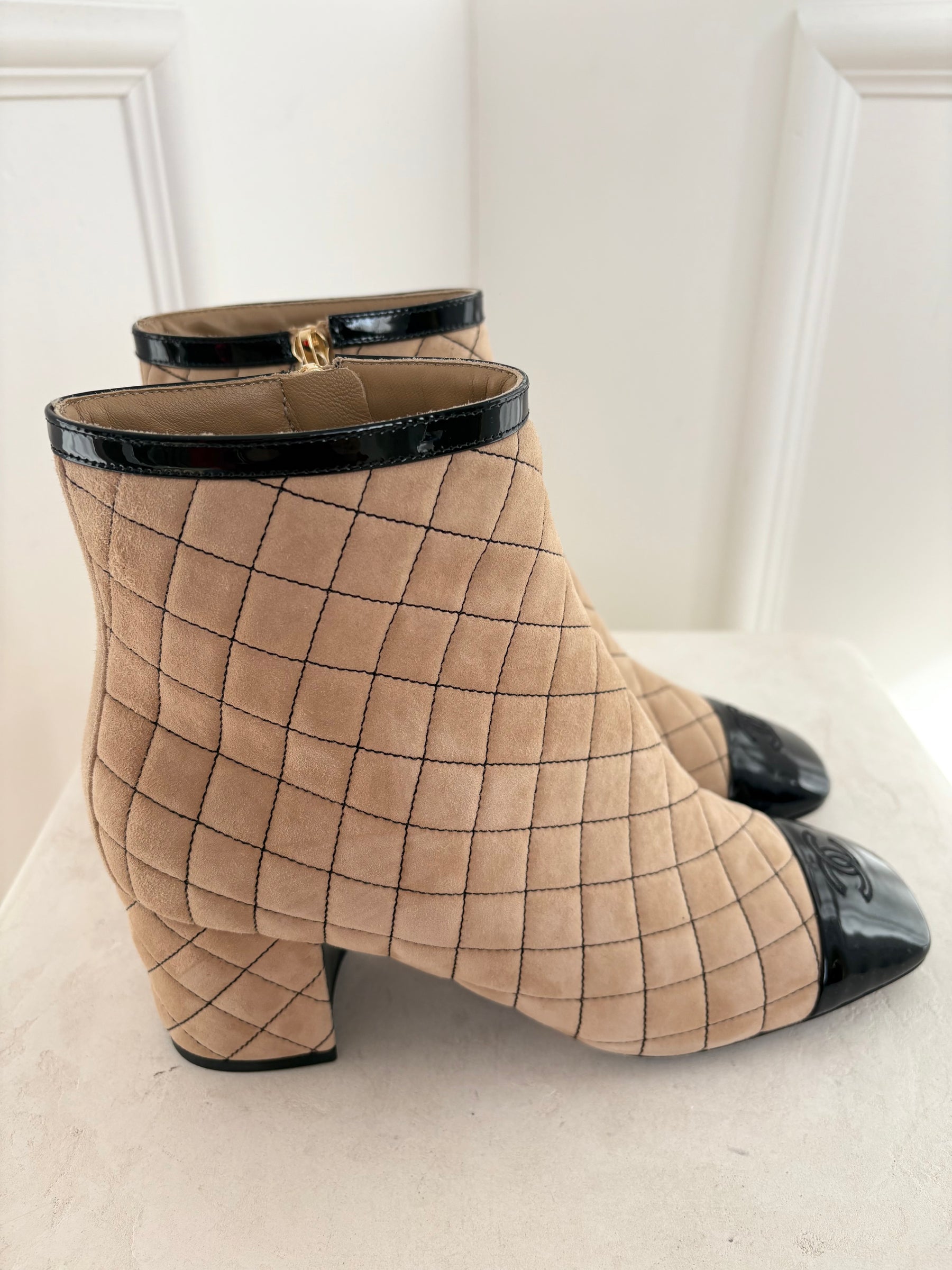 Chanel Beige Suede and Black Quilted Ankle Boot, 40 C