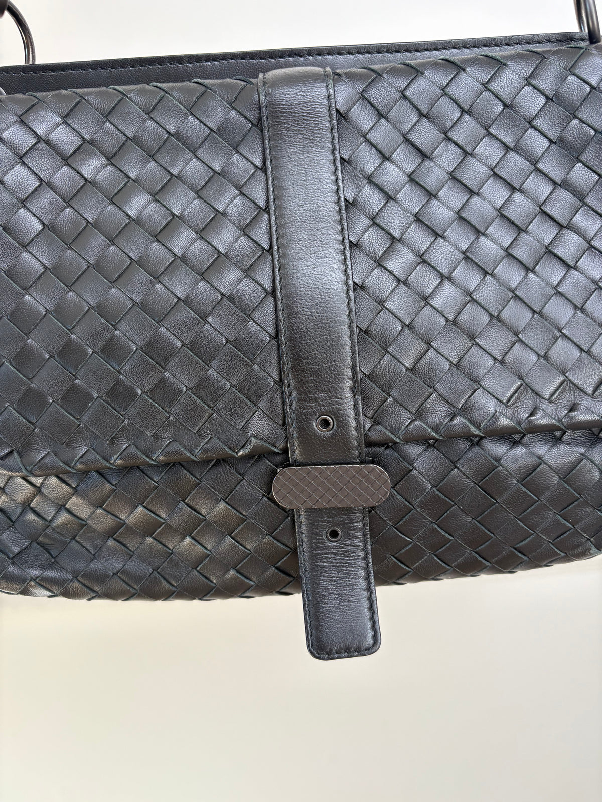 Bottega Veneta Black Intrecciato Leather Double Flap Bag