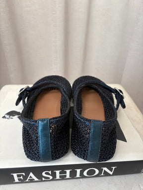 Alaïa Navy Metallic Crochet Ballet Flats, 38
